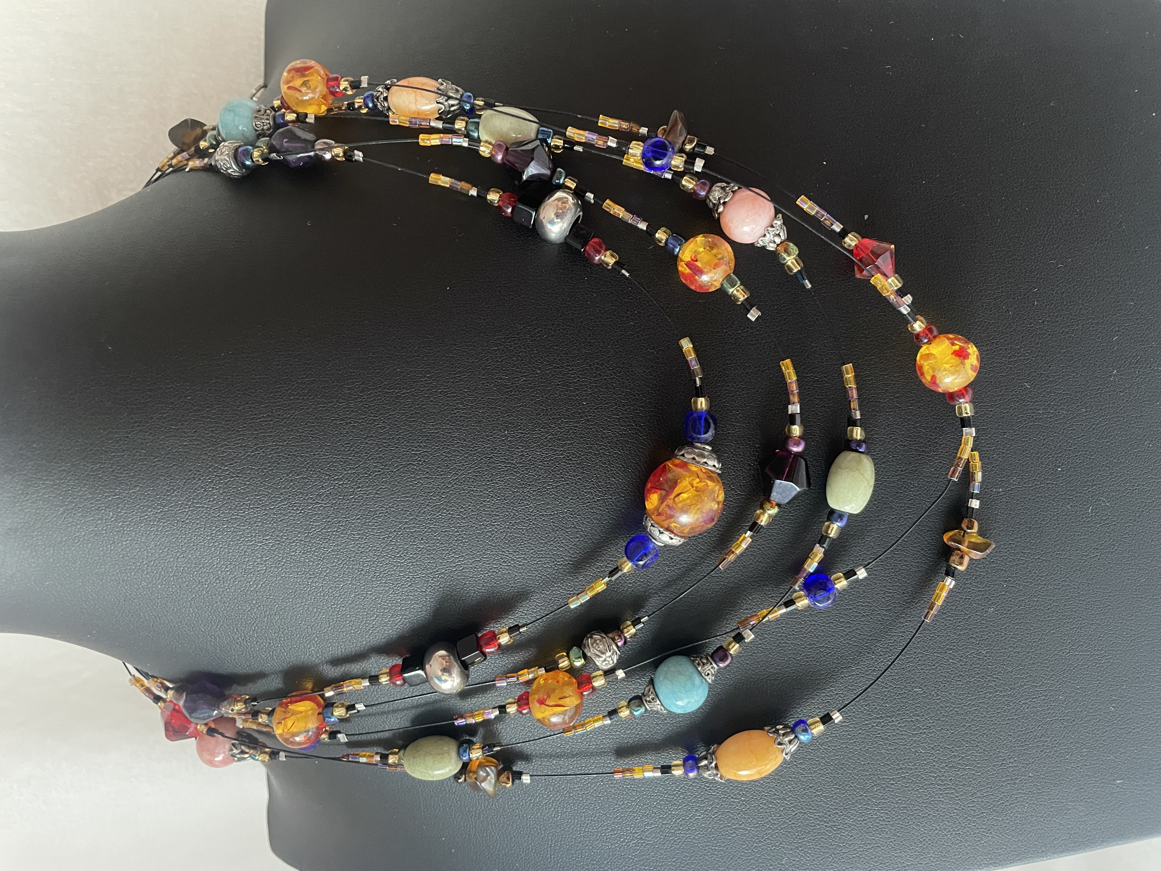 Chico's 5 Strand Natural & Glass Stones Beaded Necklace Black Wire Adjustable