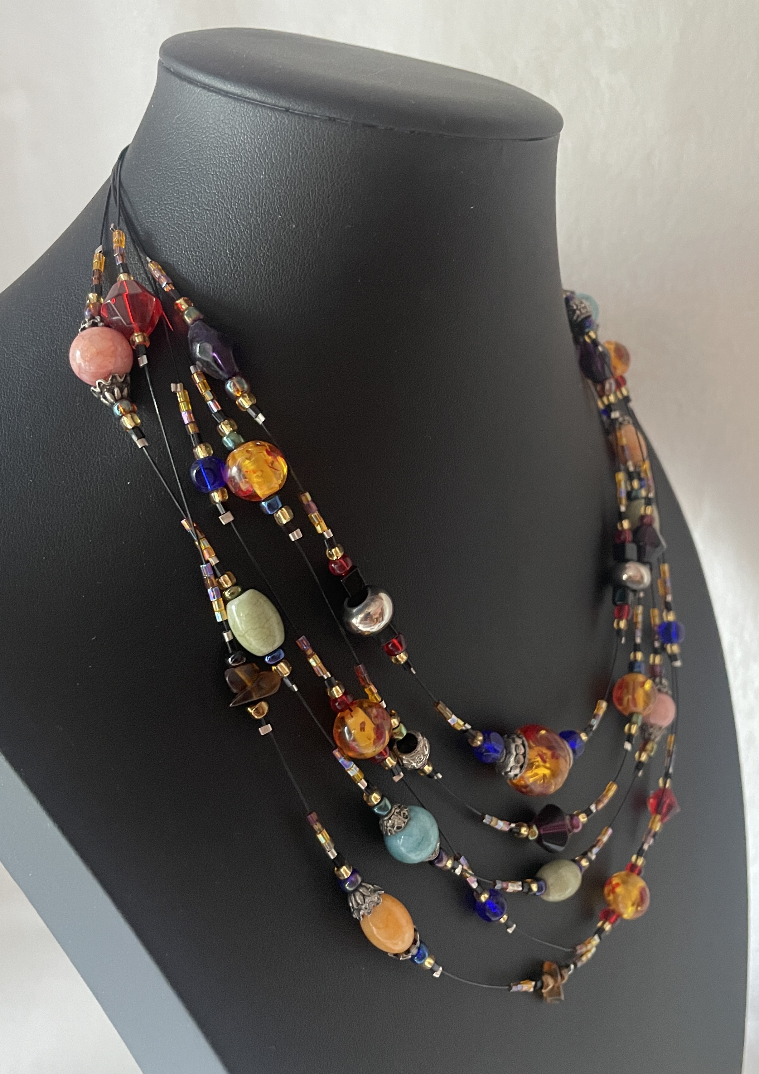 Chico's 5 Strand Natural & Glass Stones Beaded Necklace Black Wire Adjustable picture 2