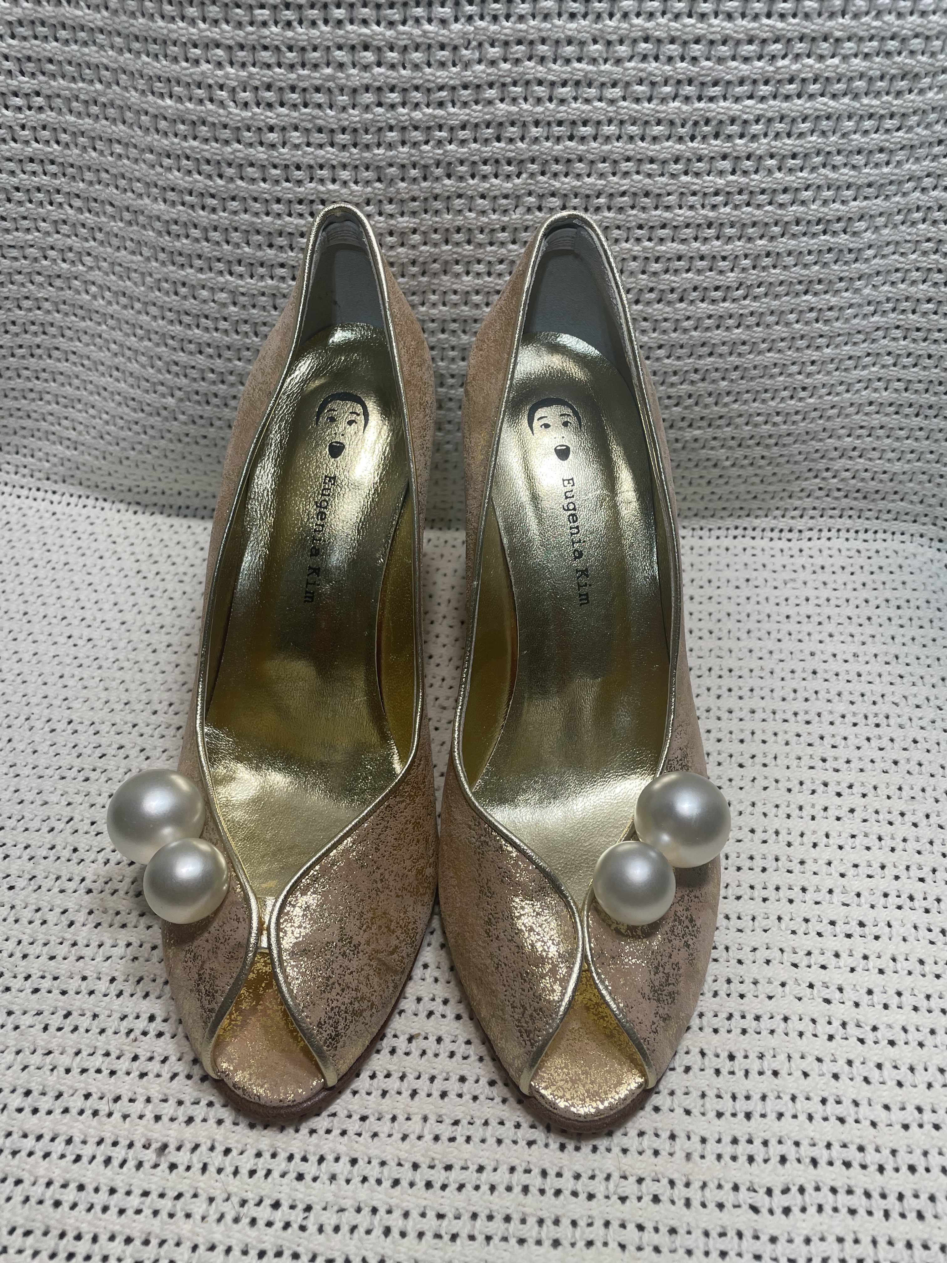 Eugenia Kim Gold Metallic Peep-Toe Pumps with Giant Pearl Accents