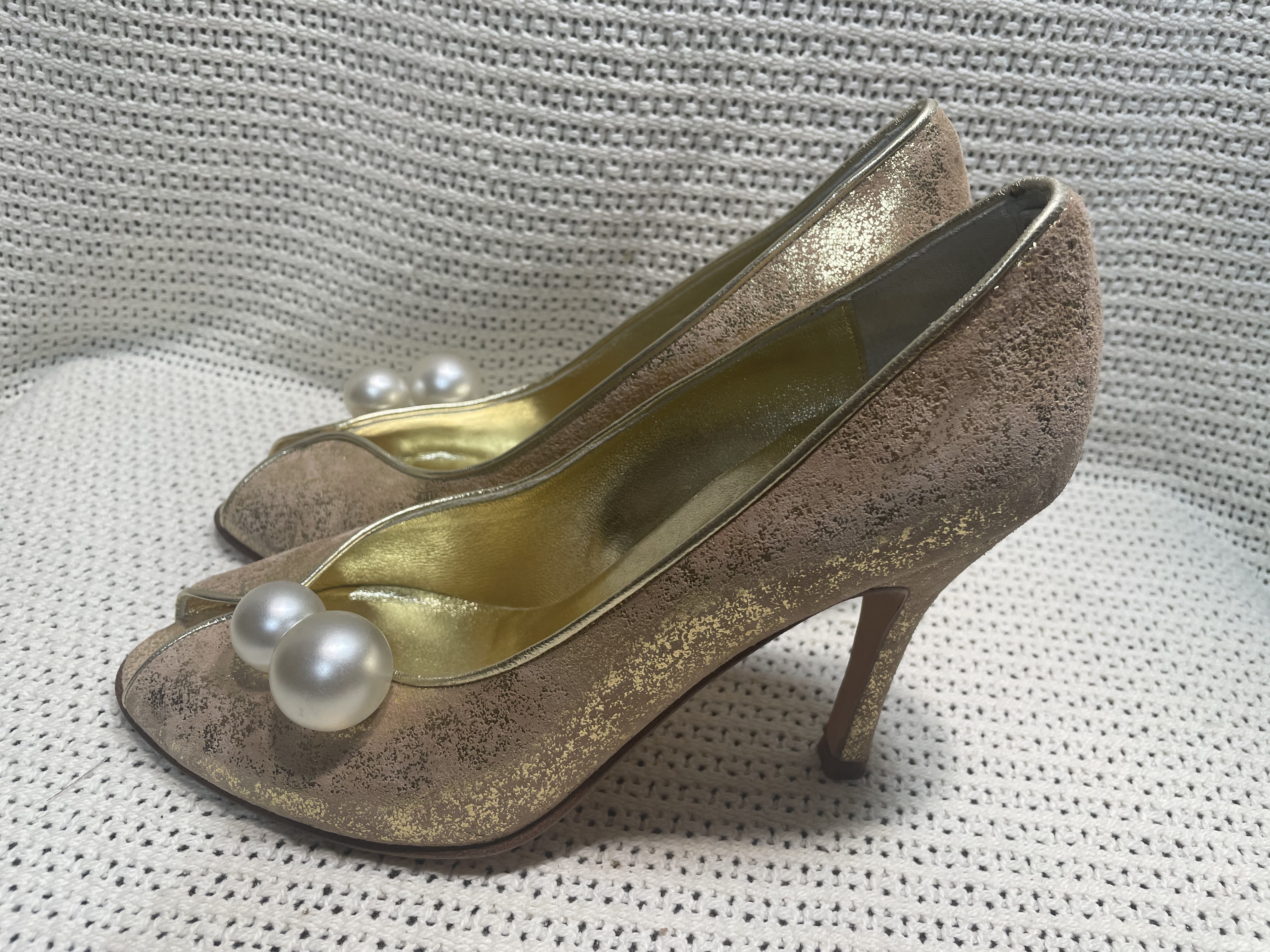 Eugenia Kim Gold Metallic Peep-Toe Pumps with Giant Pearl Accents picture 2