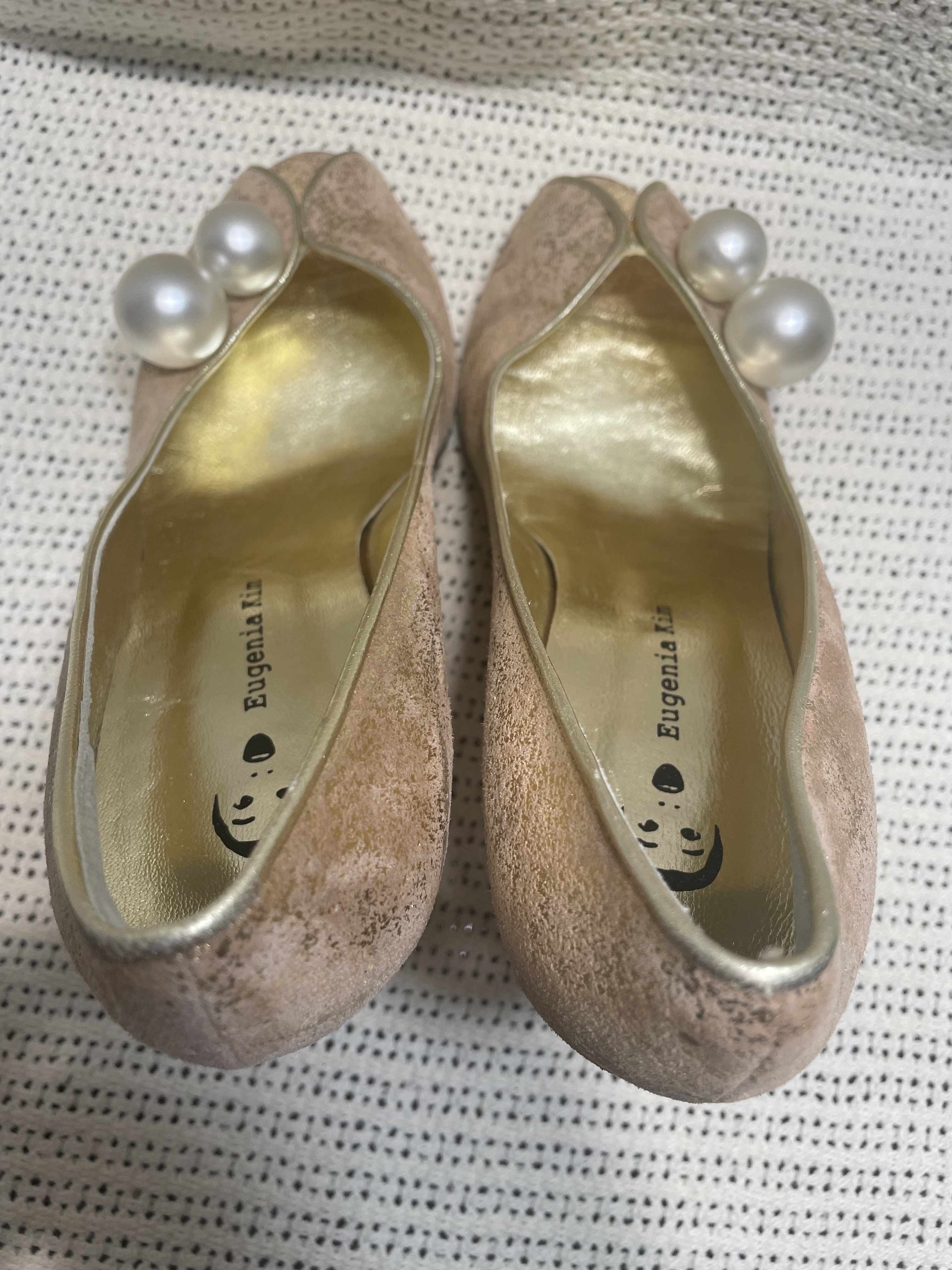 Eugenia Kim Gold Metallic Peep-Toe Pumps with Giant Pearl Accents picture 3