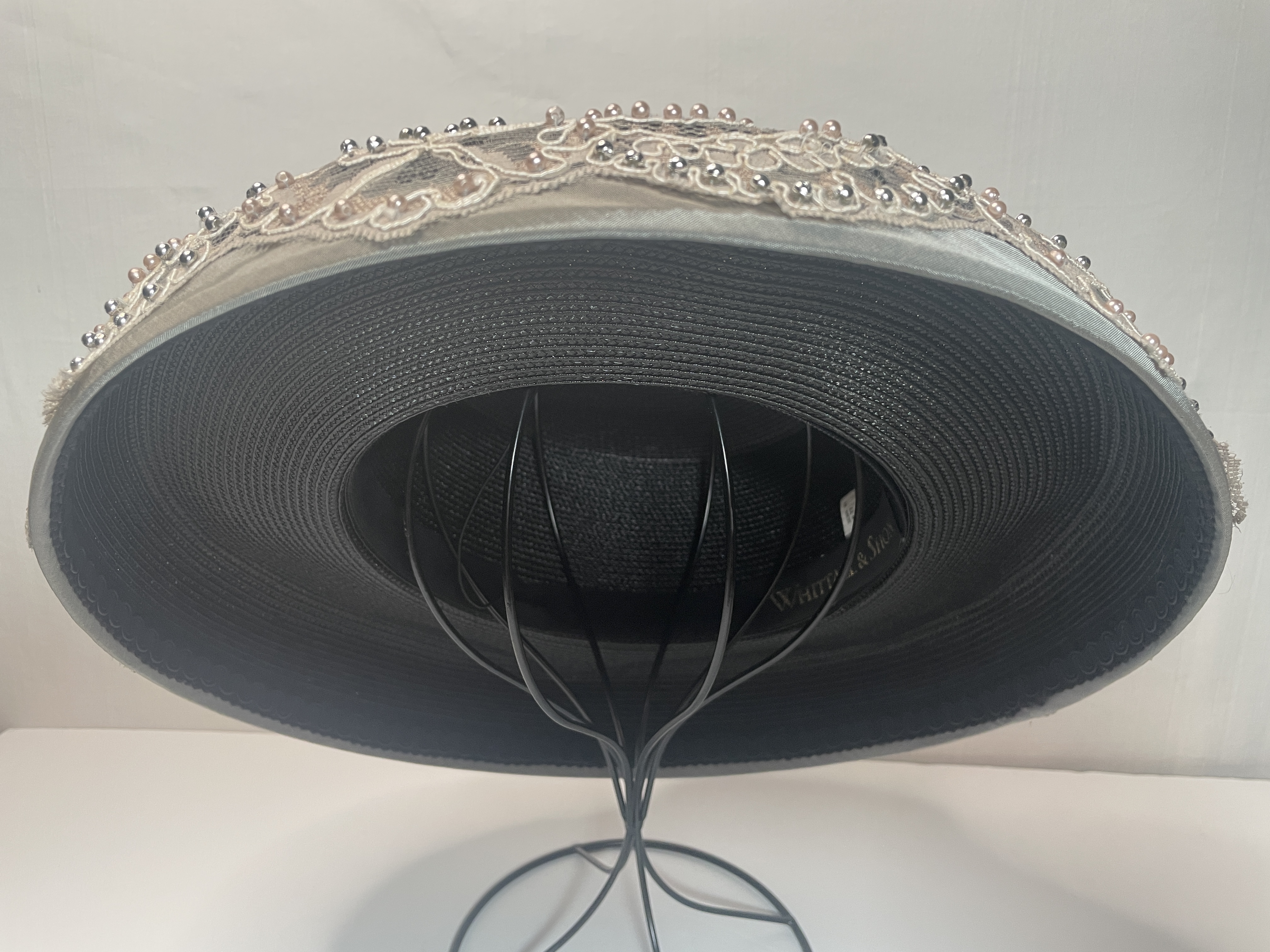 Vintage Whittall & Shon Silver Grey Lace Wide Brim Hat Pearl Beaded Church Derby picture 4