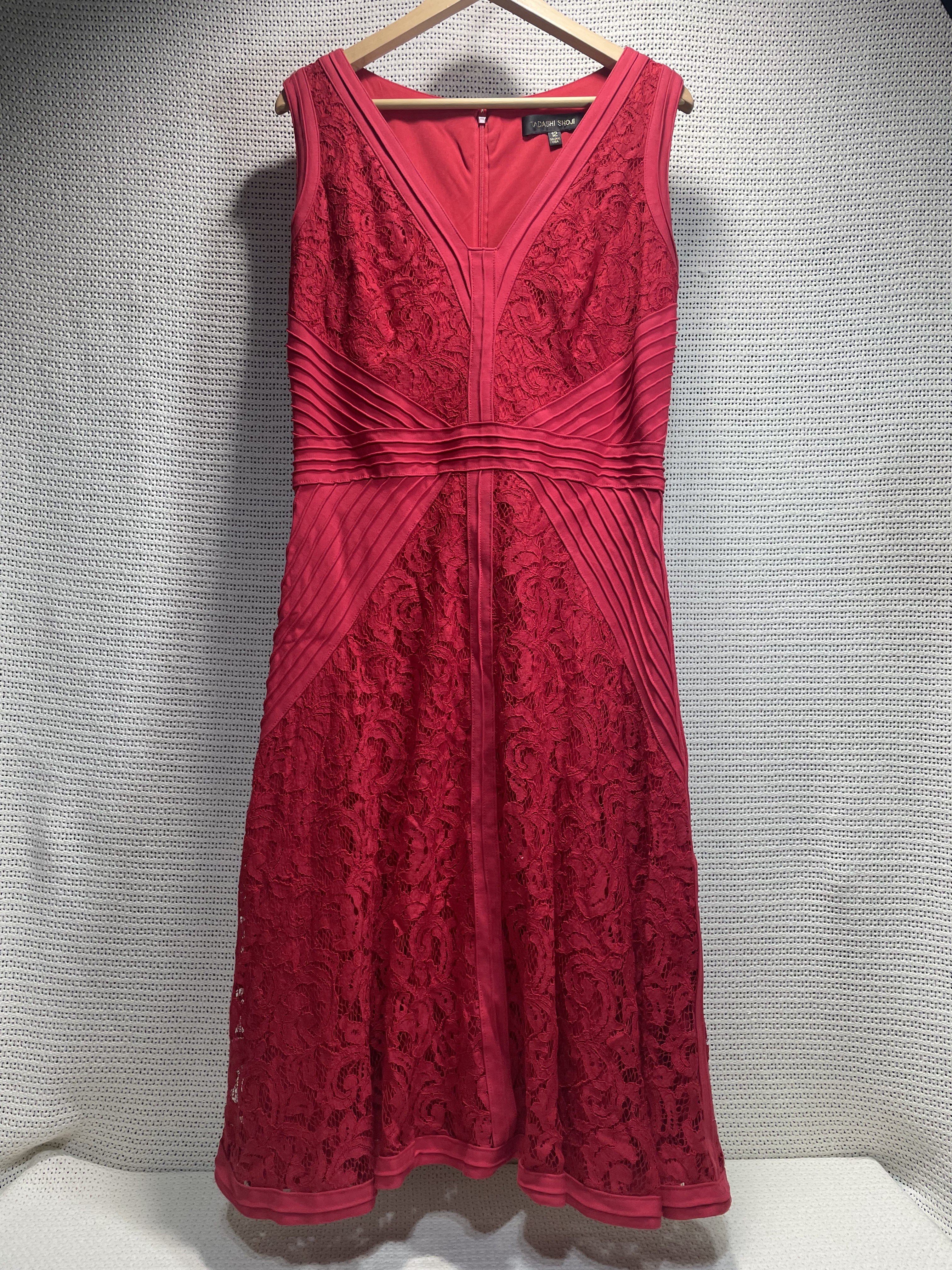 Tadashi Shoji Deep Rose Lace Pintuck Jersey Fit Flare Cocktail Dress