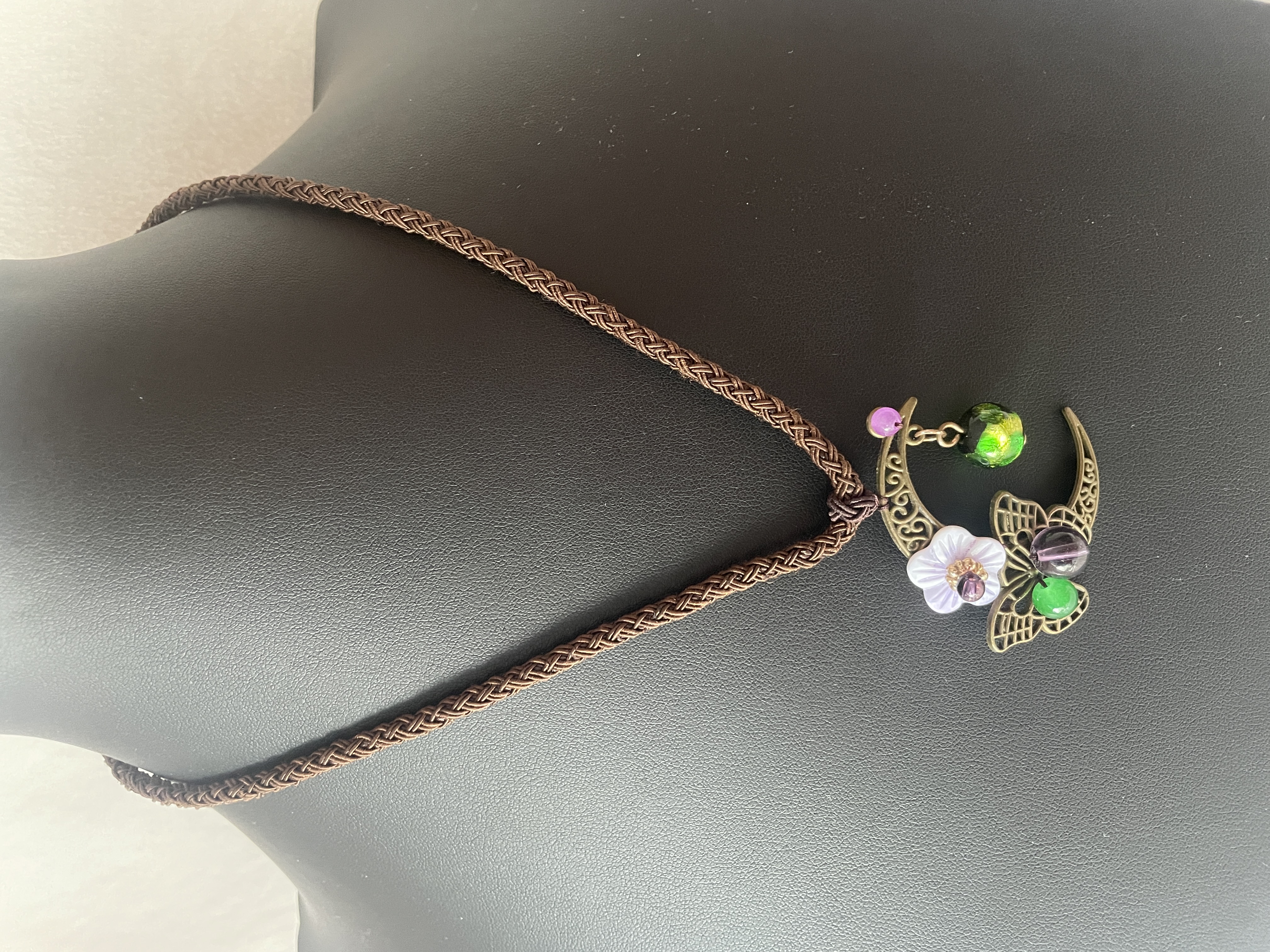 Vintage Bronze Butterfly, Purple Floral Charm, Luminous Green Glow Glass Bead Pendant