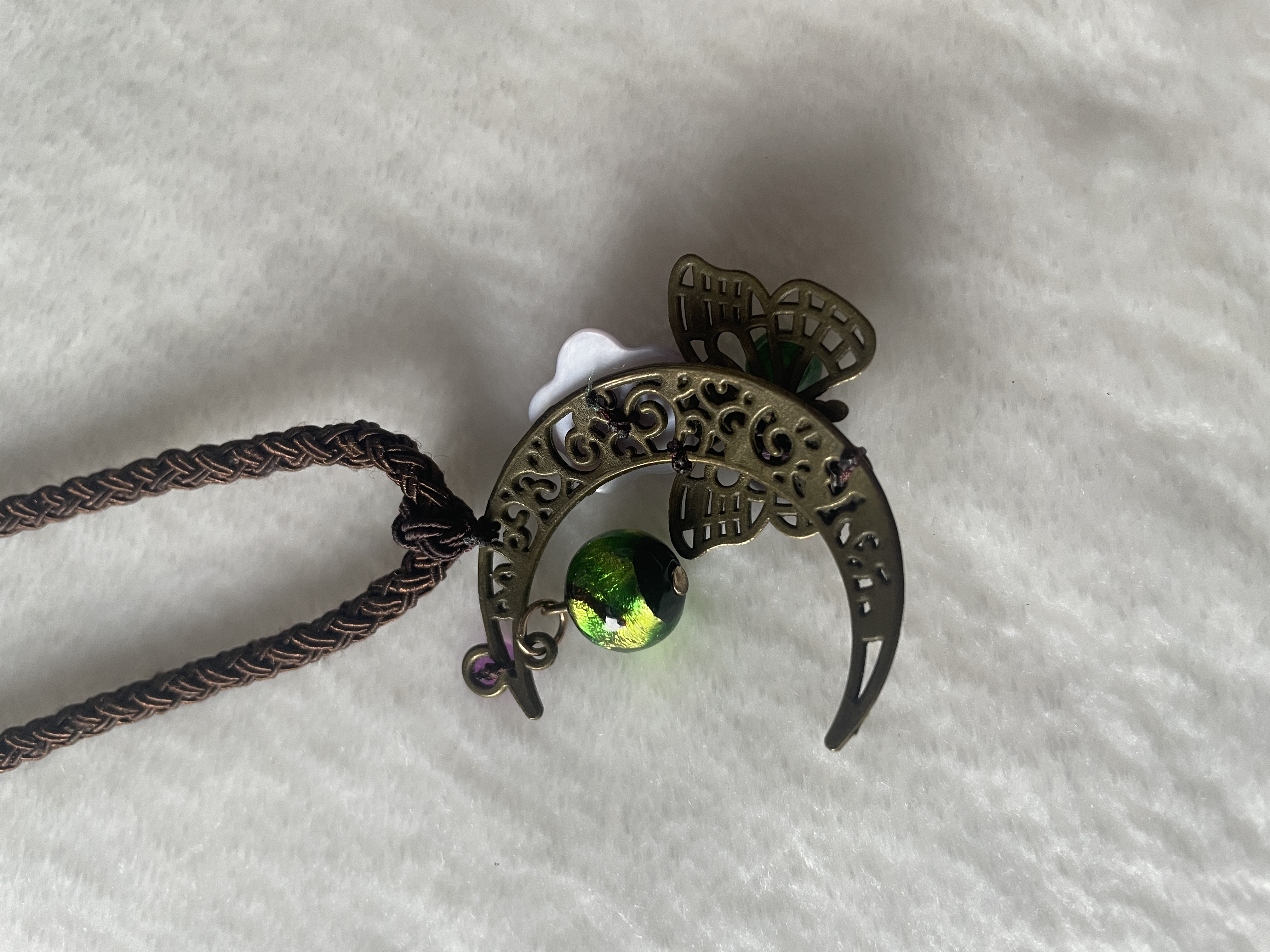 Vintage Bronze Butterfly, Purple Floral Charm, Luminous Green Glow Glass Bead Pendant picture 5
