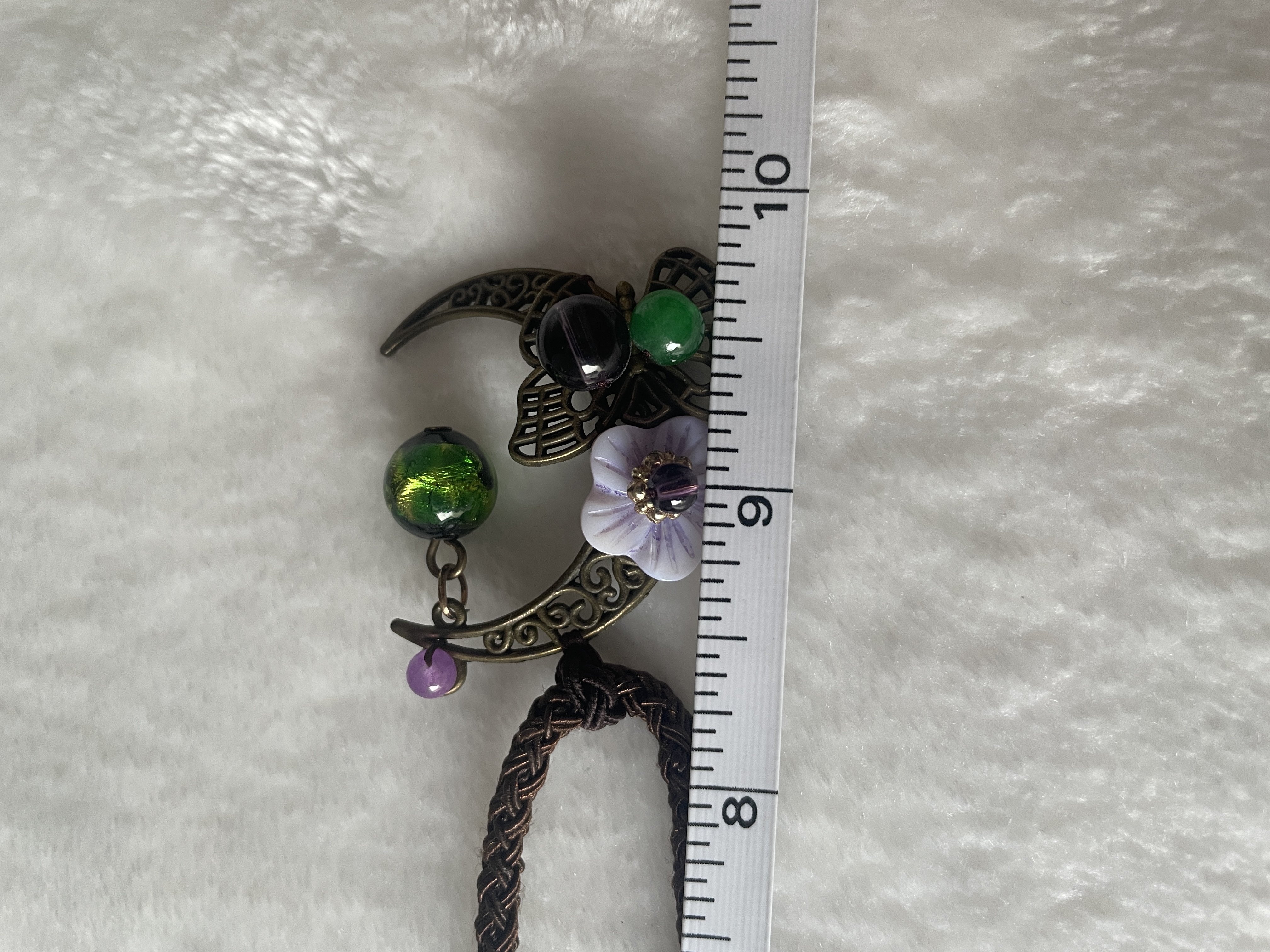Vintage Bronze Butterfly, Purple Floral Charm, Luminous Green Glow Glass Bead Pendant picture 6
