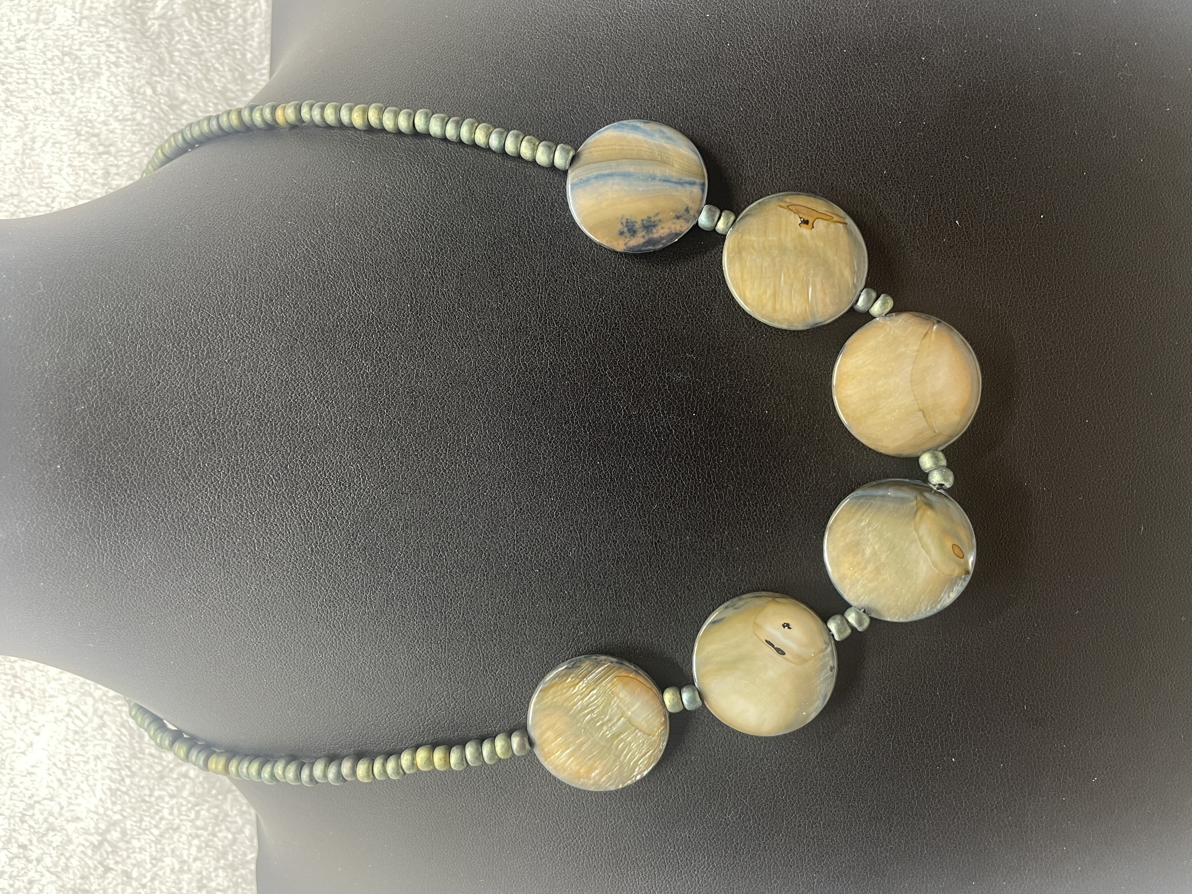 Brown Mother of Pearl Shell Disc Statement Necklace Boho Toggle Clasp