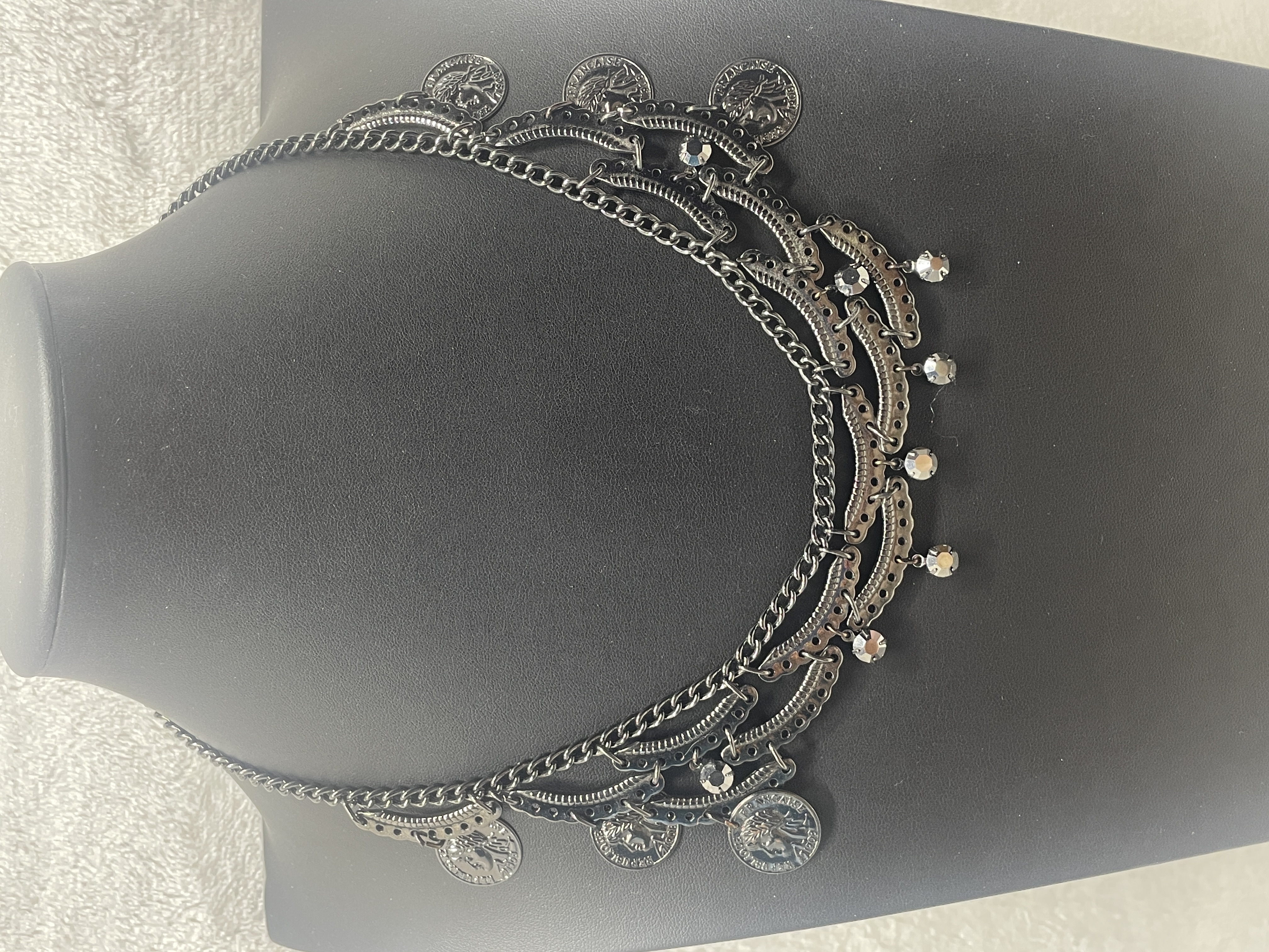 Gunmetal Layered Coin Statement Necklace Boho Tribal Hematite Crystal Bib Necklace