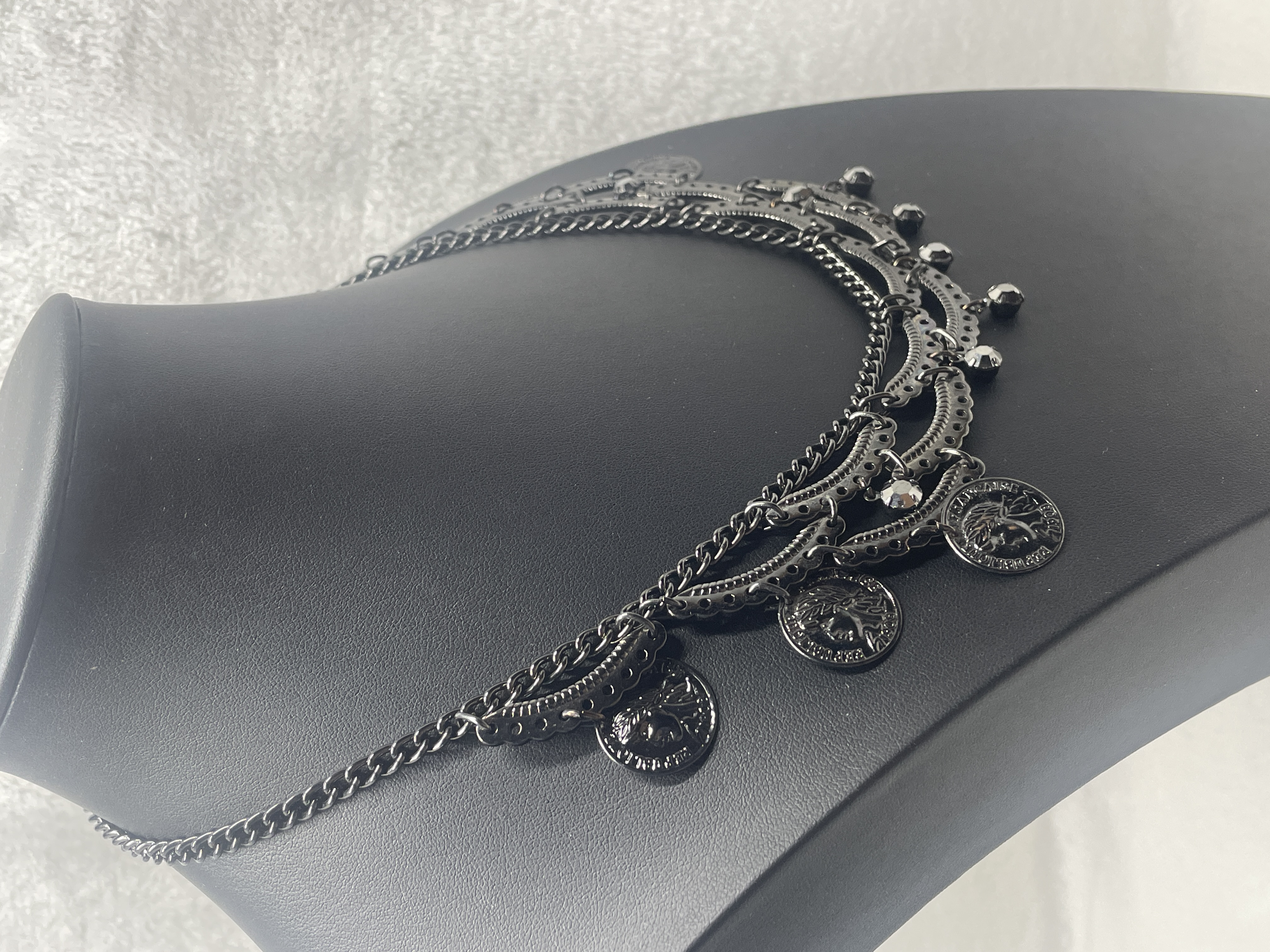 Gunmetal Layered Coin Statement Necklace Boho Tribal Hematite Crystal Bib Necklace picture 2