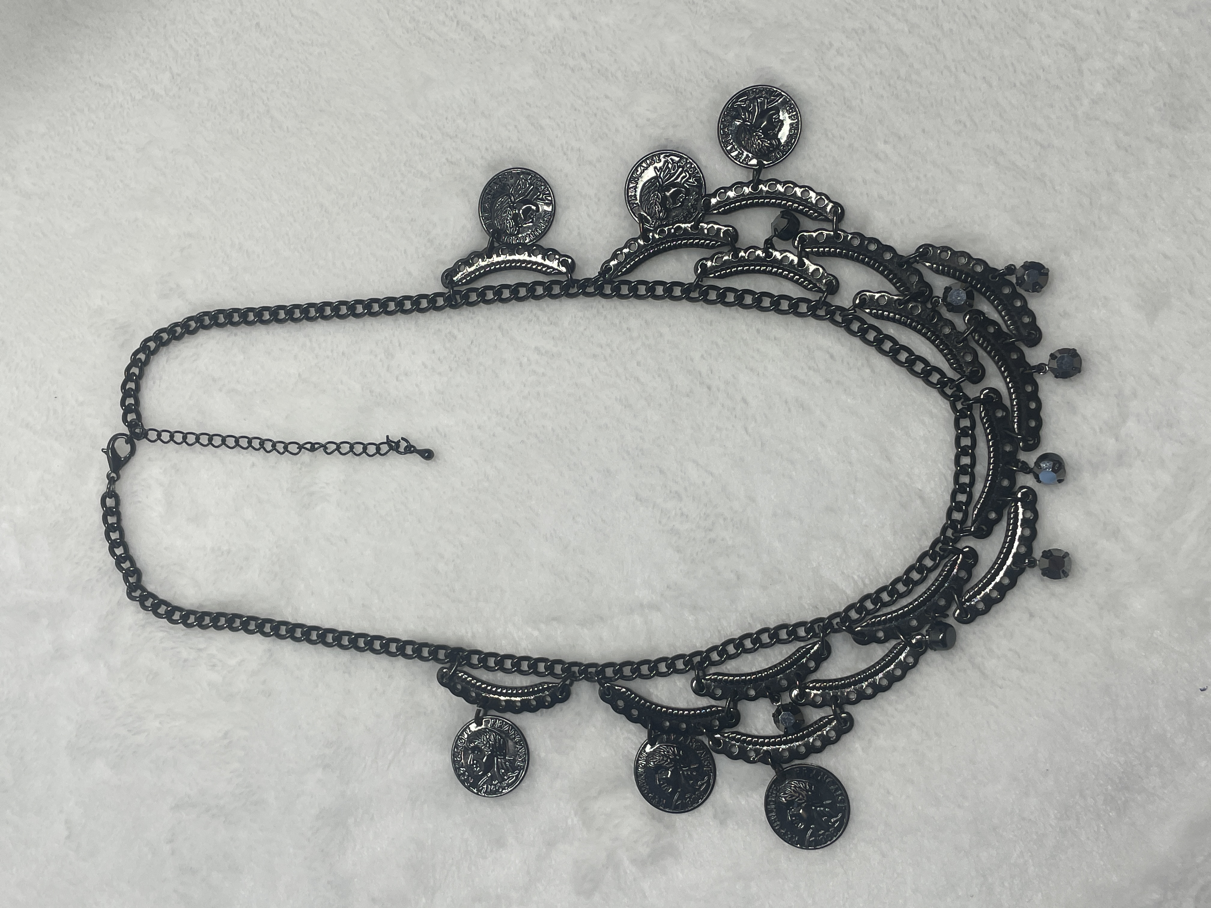 Gunmetal Layered Coin Statement Necklace Boho Tribal Hematite Crystal Bib Necklace picture 3