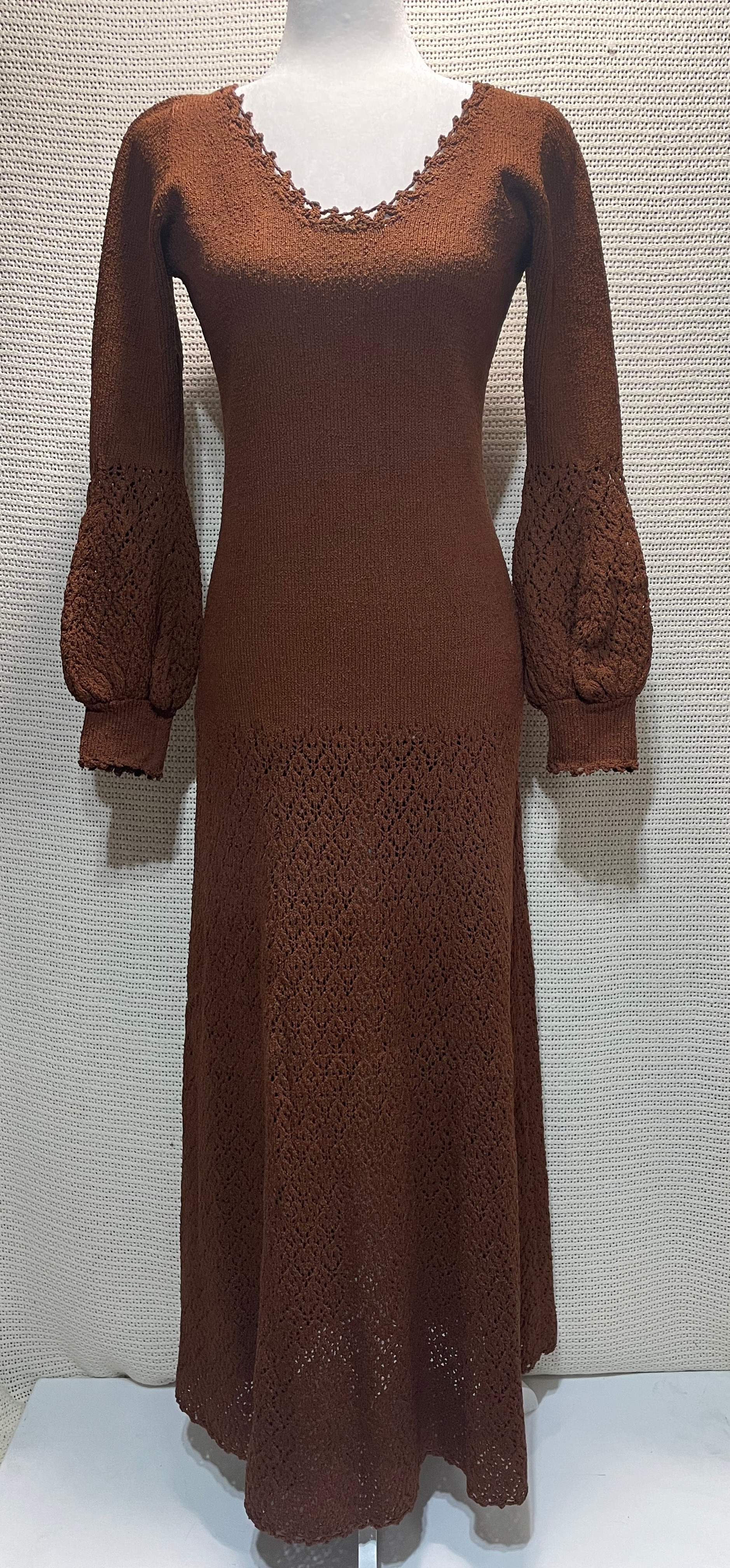 Vintage 1970s Miss JoAnn California Crochet Knit Maxi Dress Bell Sleeves
