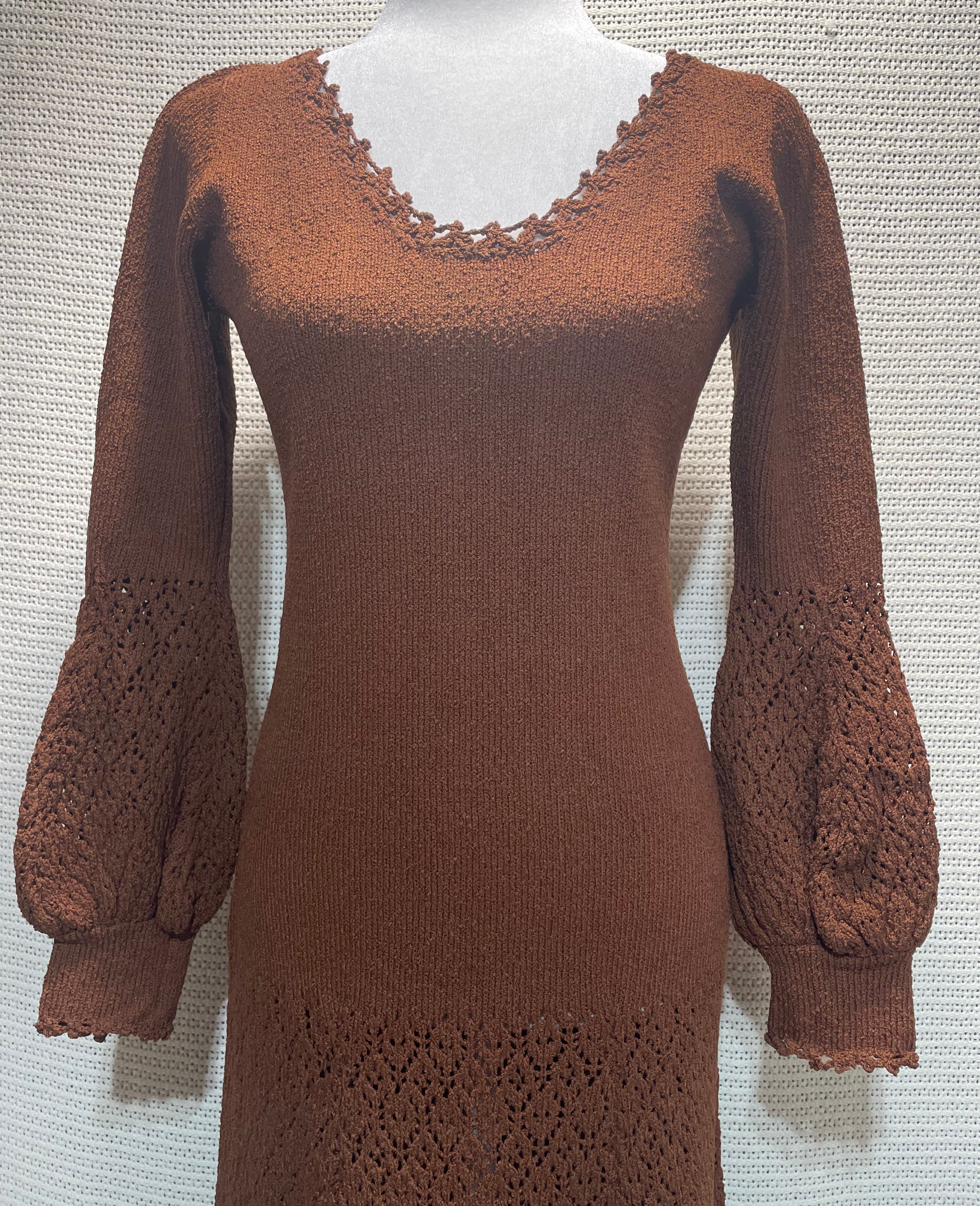 Vintage 1970s Miss JoAnn California Crochet Knit Maxi Dress Bell Sleeves picture 3