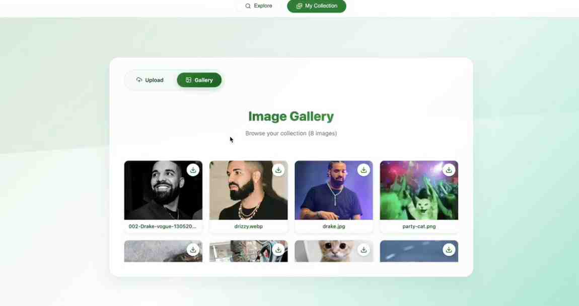 Screenshot of the vector image search app UI with gallery grid and upload tabs