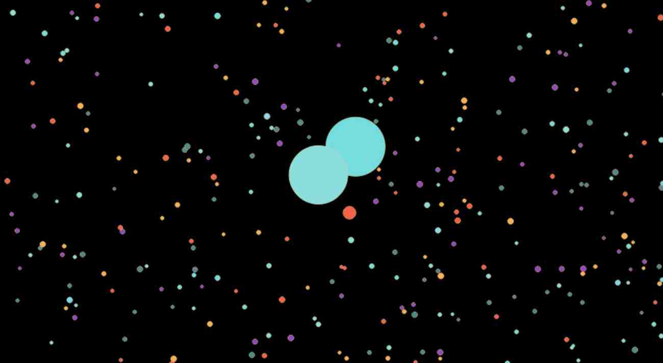 Abstract bubble graphics: overlapping teal circles and scattered multicolor dots on black