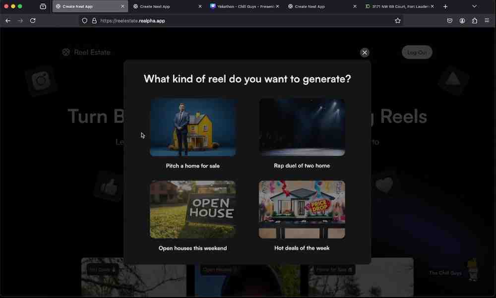 Reel Estate modal for choosing a reel template: pitch a home, open houses, hot deals, and rap duel options