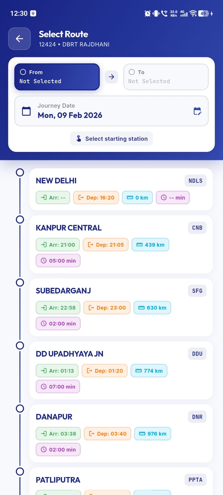 Select your travel date and route in GapSeat train seat availability checker