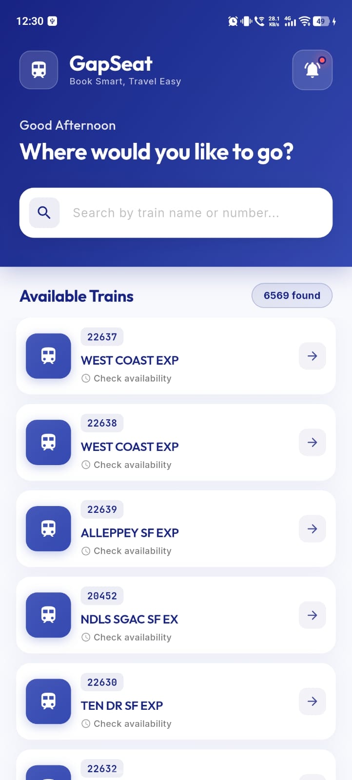 Enter your train name or number in GapSeat train seat availability checker