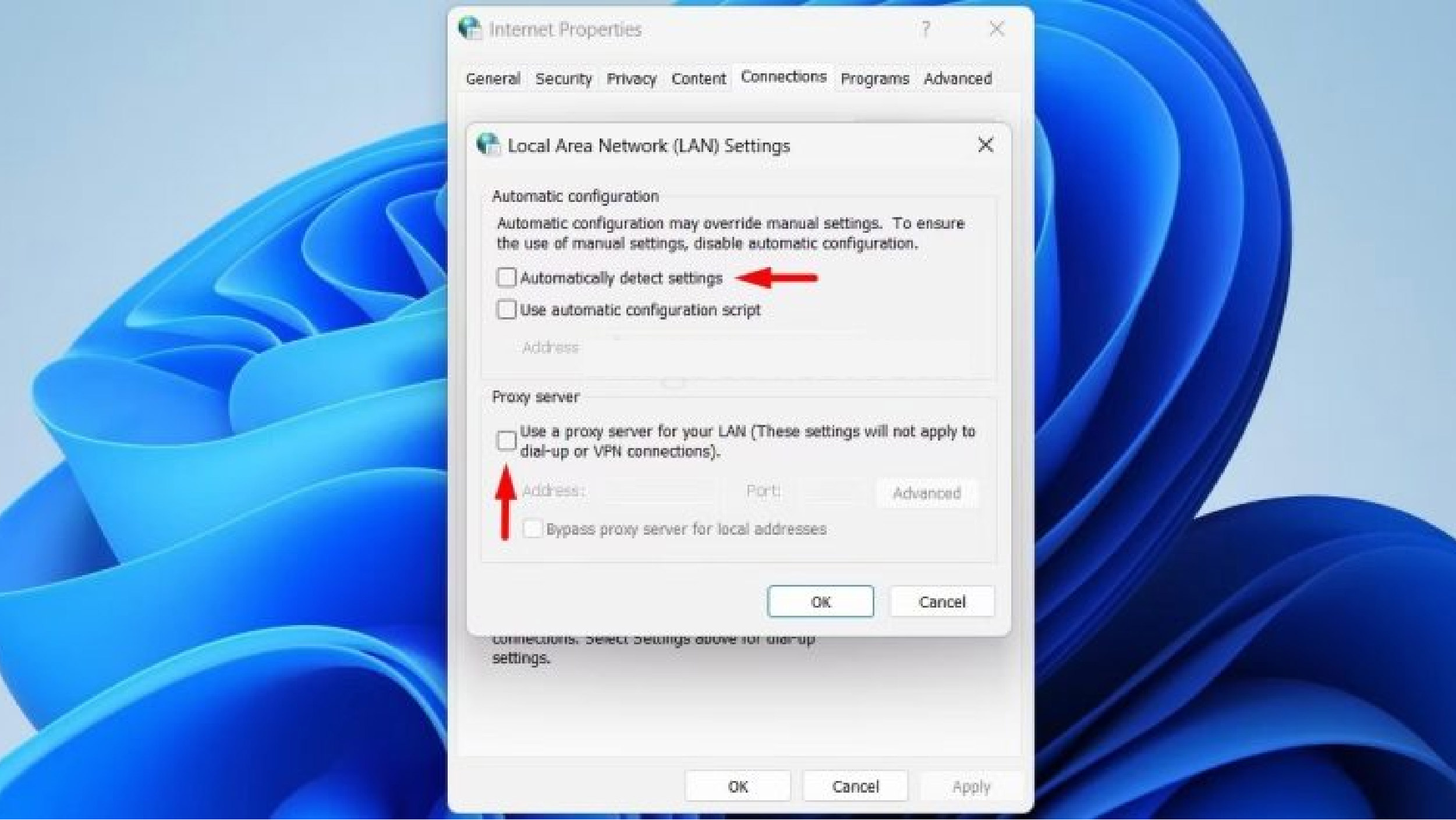 Tắt proxy v&agrave; chọn OK trong hộp thoại Lan Setting