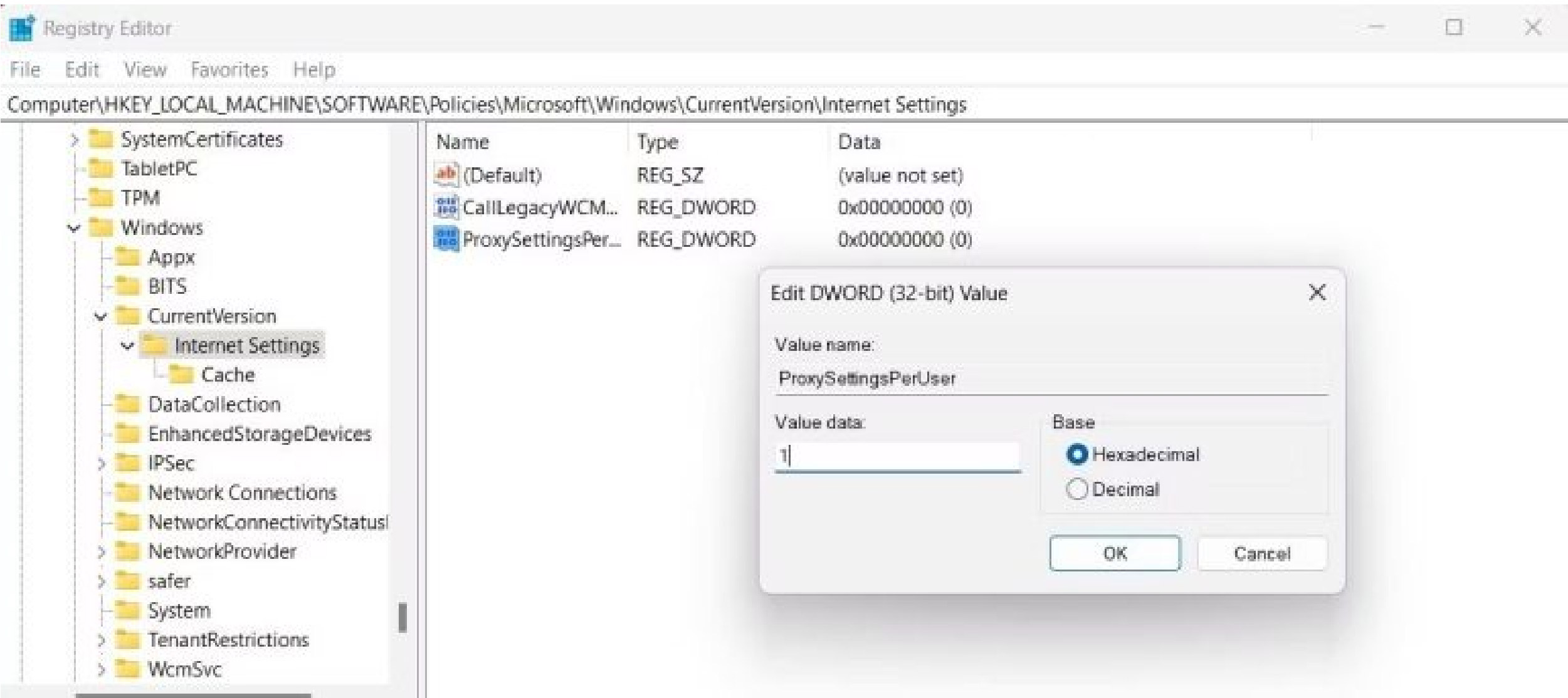 Tắt proxy vĩnh viễn th&ocirc;ng qua Registry Editor