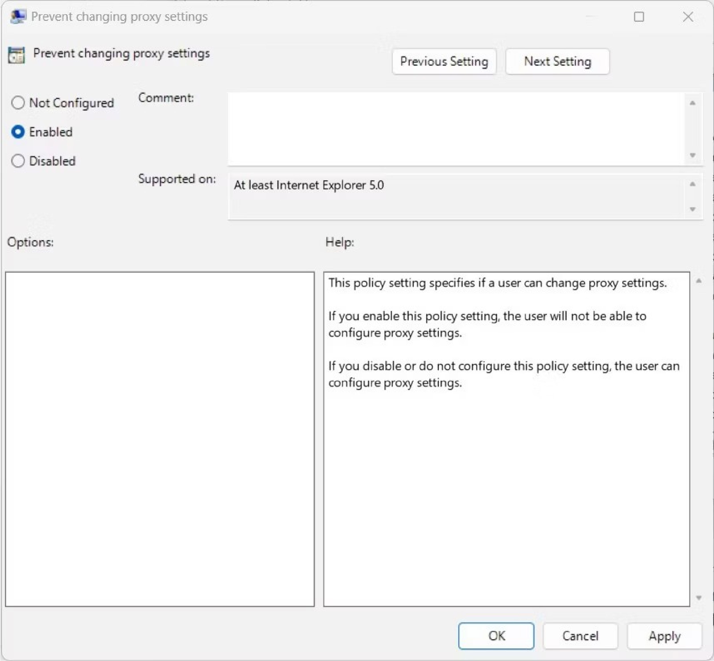 Enabled hộp thoại Prevent changing proxy settings