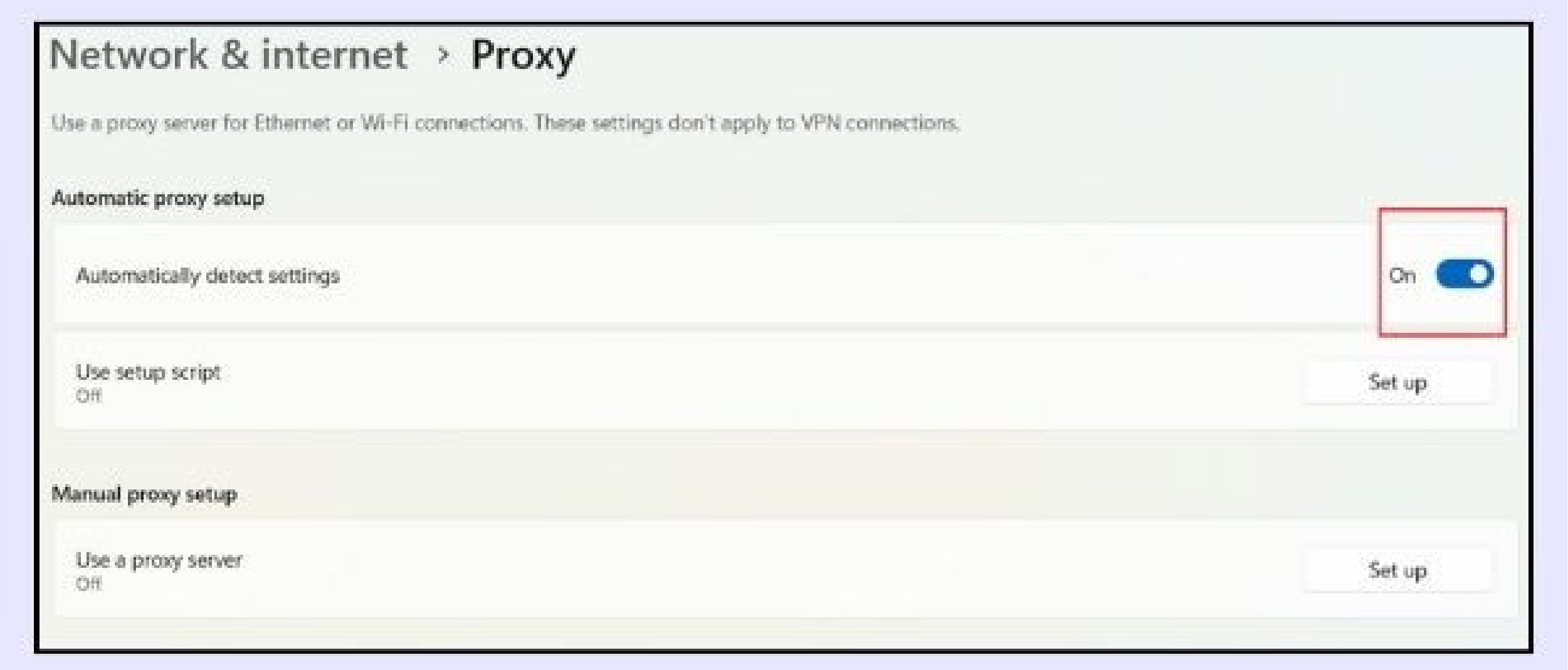 cài đặt Automatic proxy setup