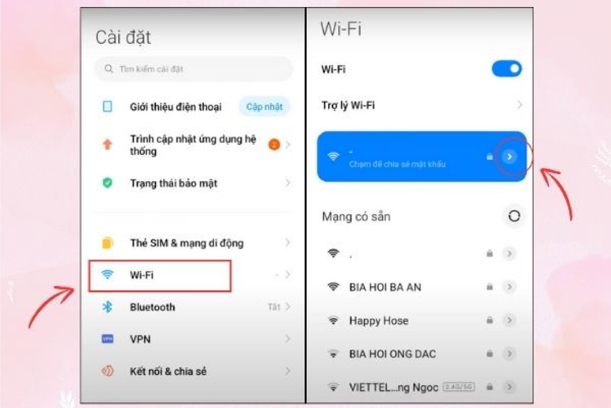mở cài đặt wifi trên android