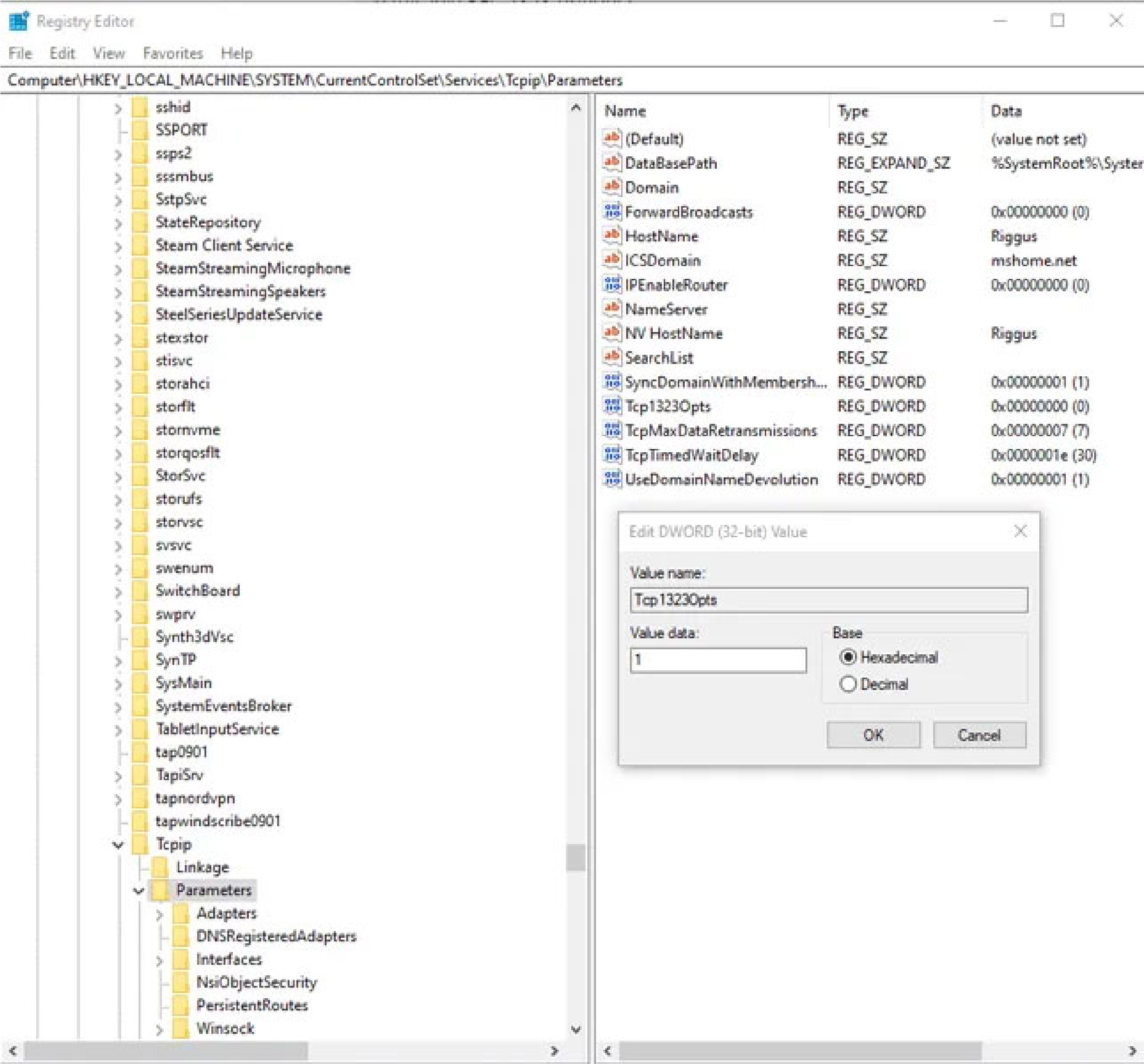 Cấu h&igrave;nh mạng trong Registry Editor