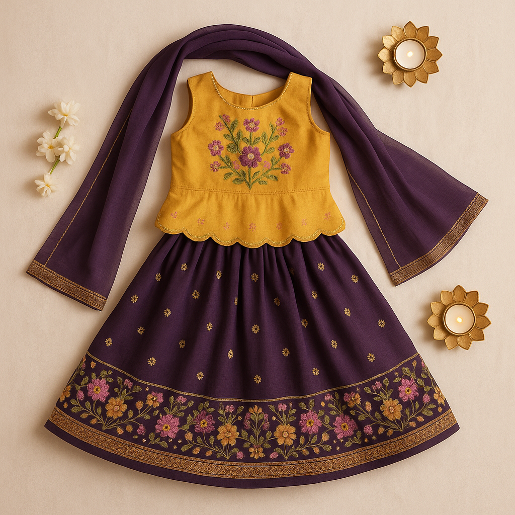 Mustard & Purple Embroidered Lehenga Choli for Girls — Festival Ready