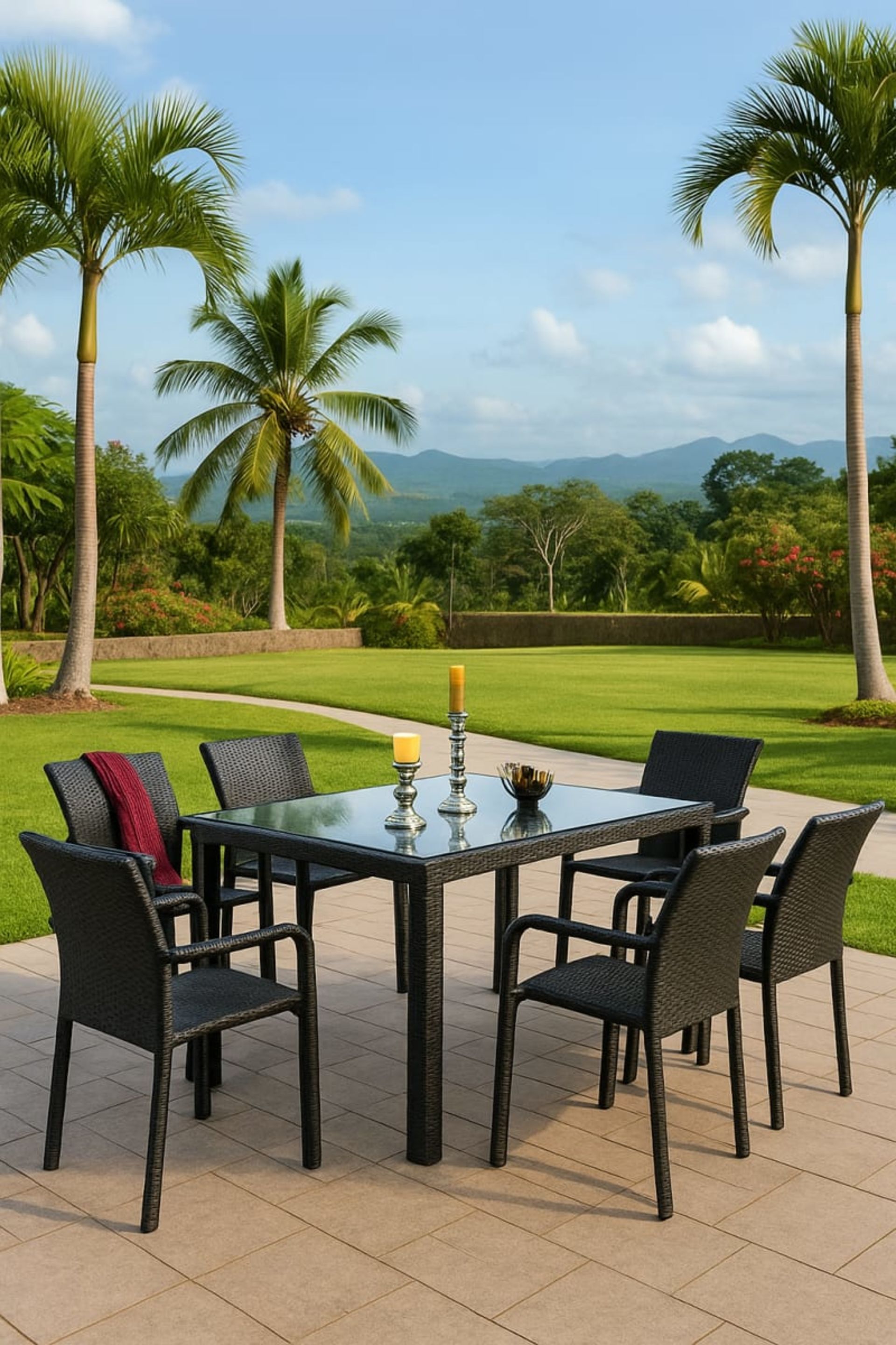 Table à manger de jardin en résine tressée - Mobilier artisanal Ebène Madagascar