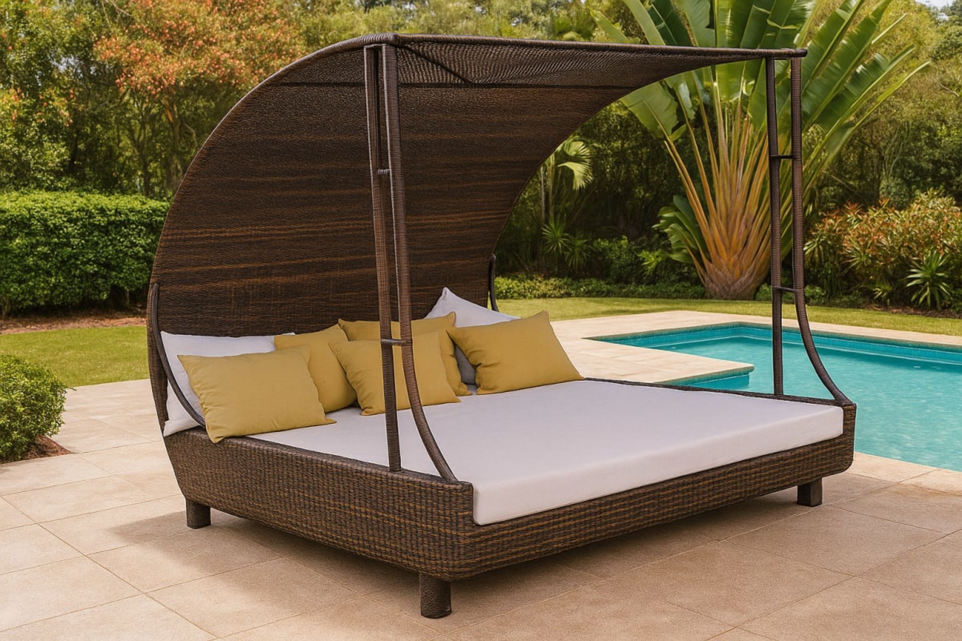 Lit de Jardin "Oasis" avec Baldaquin en Résine Tressée - Mobilier artisanal Ebène Madagascar