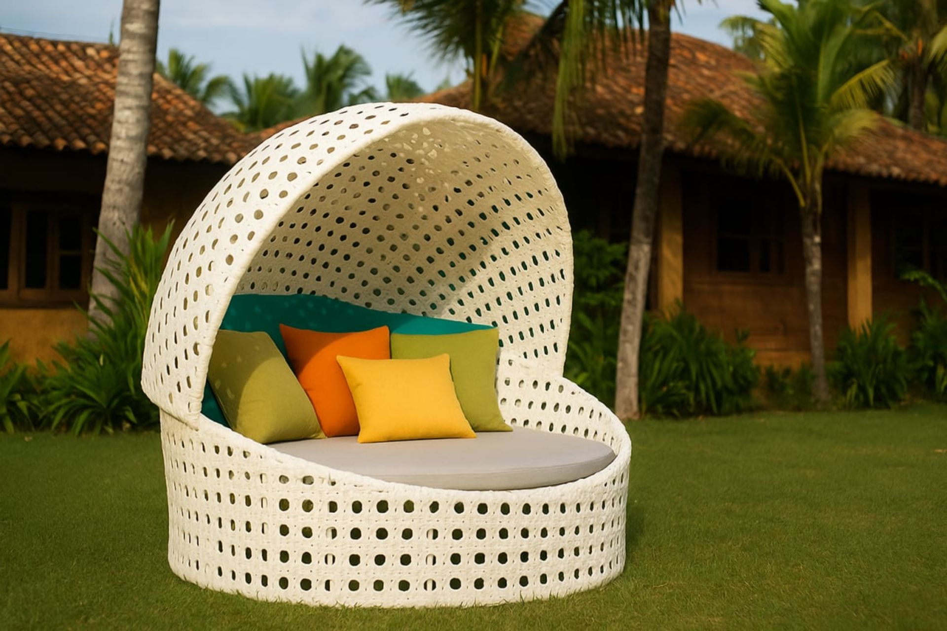 Lit de Soleil Circulaire avec Canopée Intégrée - Mobilier artisanal Ebène Madagascar