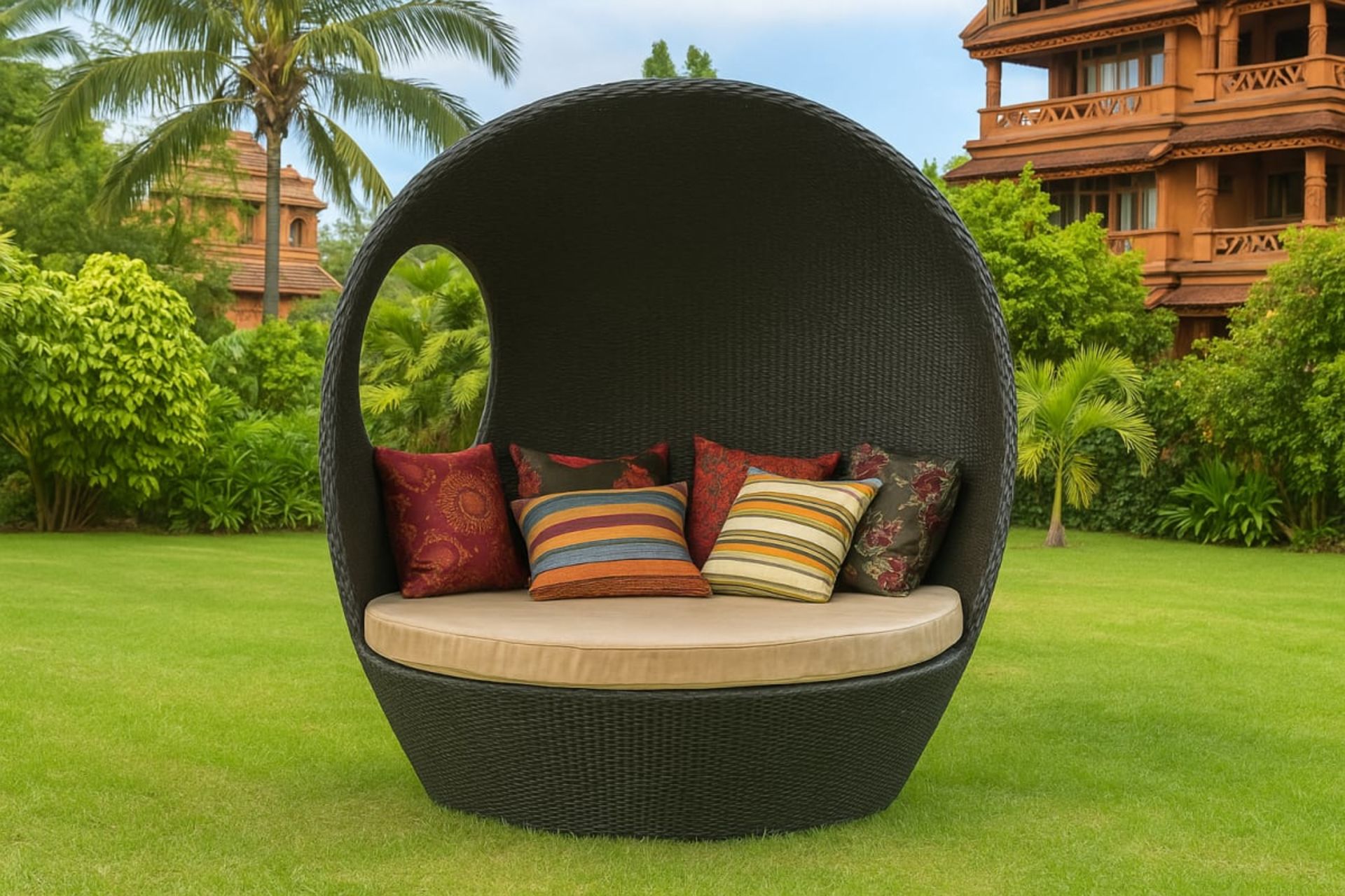 Lit de Repos Extérieur en Résine Tressée - Mobilier artisanal Ebène Madagascar