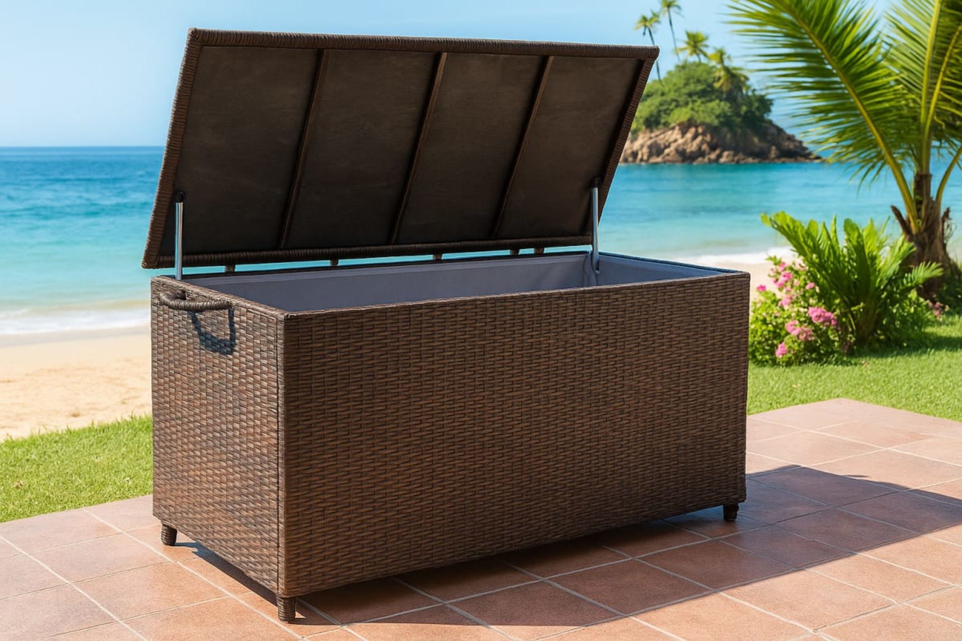Coffre de jardin en résine tressée - Mobilier artisanal Ebène Madagascar