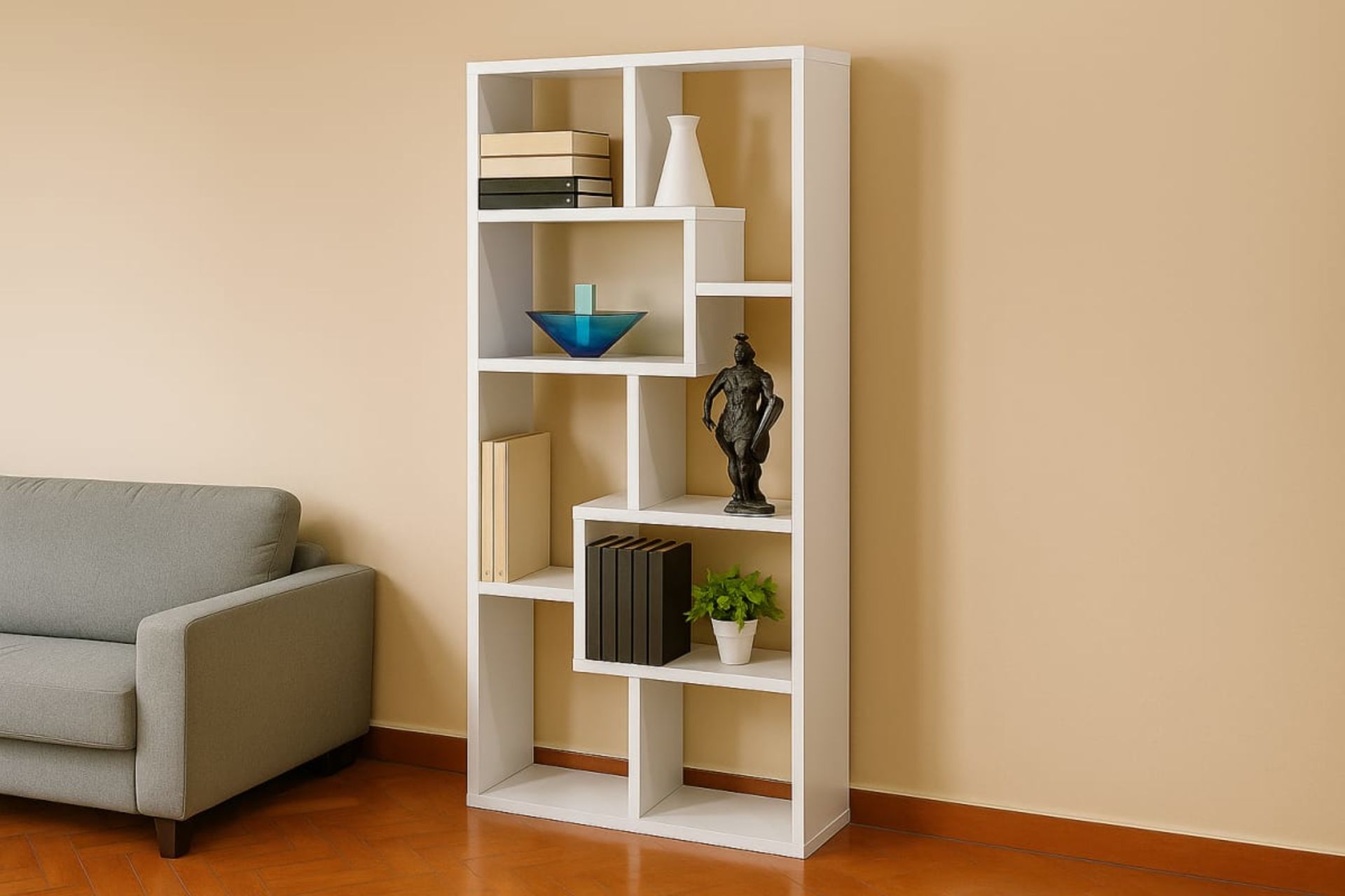 Bibliothèque géométrique asymétrique en mélamine - Mobilier artisanal Ebène Madagascar