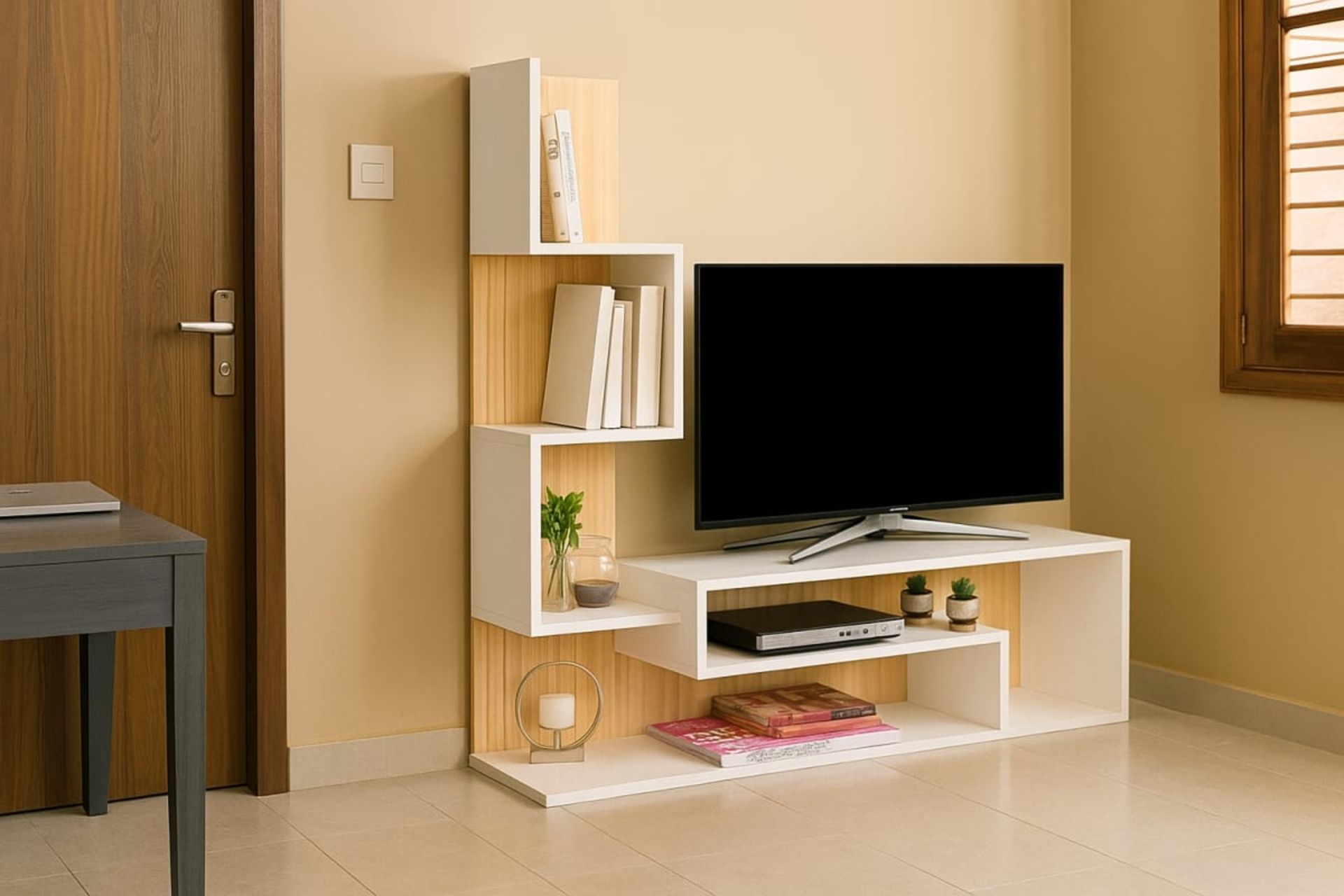 Ensemble TV & Bibliothèque Modulable "L’Asymétrique" - Mobilier artisanal Ebène Madagascar