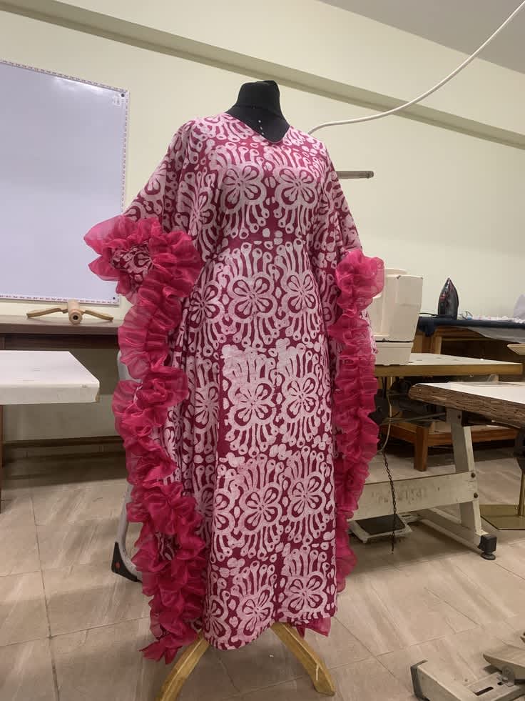 Adire bubu gown with side ruffles