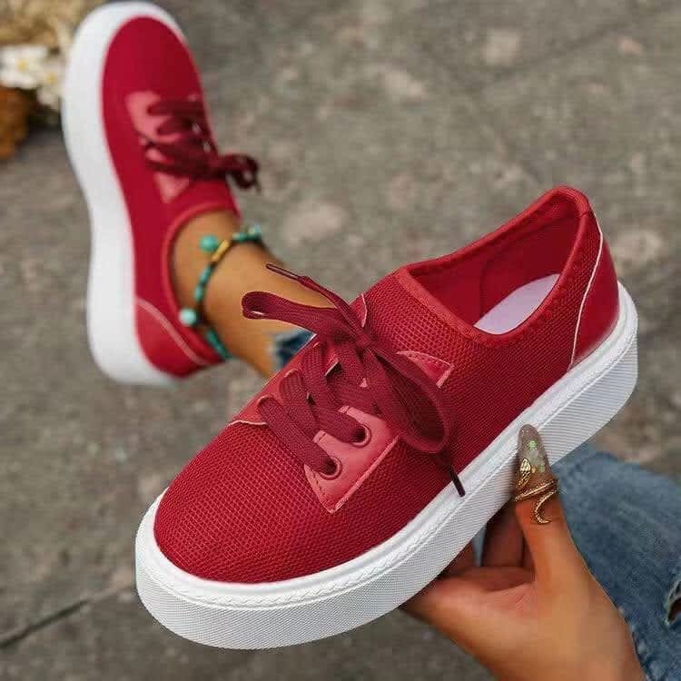 Red Platform Lace-Up Casual Sneakers