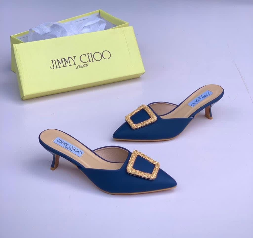 Jimmy Choo Blue Pointed-Toe Kitten Heel Mules with Crystal Buckle