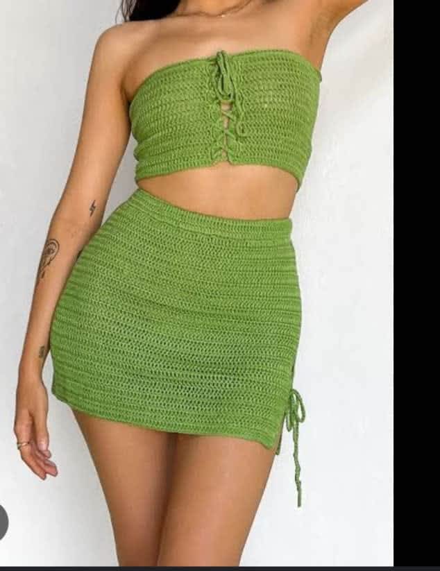 Two Piece Lace Up Strapless Crop Top and Mini Skirt