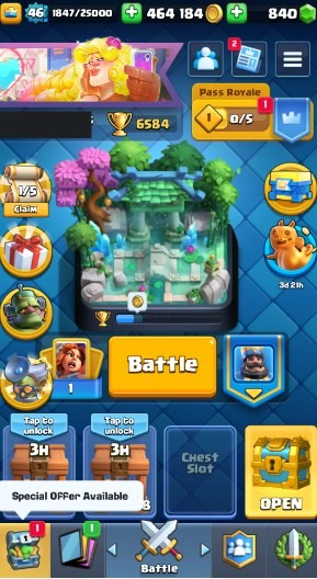 Clash Royale Account (IOS/ANDROID) – Level 46 | Kings Tower 14 | 6584 Trophy | 105 Cards | 39 Emotes | 840 Gems | 464k Gold