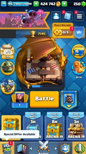 Clash Royale Account (IOS/ANDROID) – Level 45 | Kings Tower 14 | 7145 Trophy | 114 Cards | 60 Emotes | 424 Gems | 250k Gold