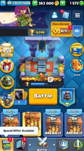 Clash Royale Account (IOS/ANDROID) – Level 45 | Kings Tower 14 | 6246 Trophy | 108 Cards | 34 Emotes | 1572 Gems | 363k Gold