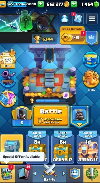 Clash Royale Account (IOS/ANDROID) – Level 45 | Kings Tower 14 | 6344 Trophy | 113 Cards | 62 Emotes | 1454 Gems | 652k Gold