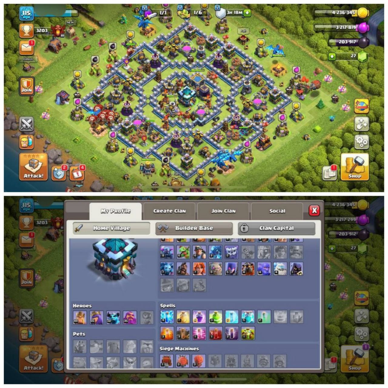{STRONG ACCOUNT} TH13 SEMI MAX⚡️XP- 115⚡️HERO 49-65-32-35⚡️BLUE WALLS⚡️MAGIC ITEMS⚡️DECENT EQUIPMENTS⚡️HEROES SKINS⚡️NC FREE⚡️OP LAB ⚡️INSTANT DELIVERY