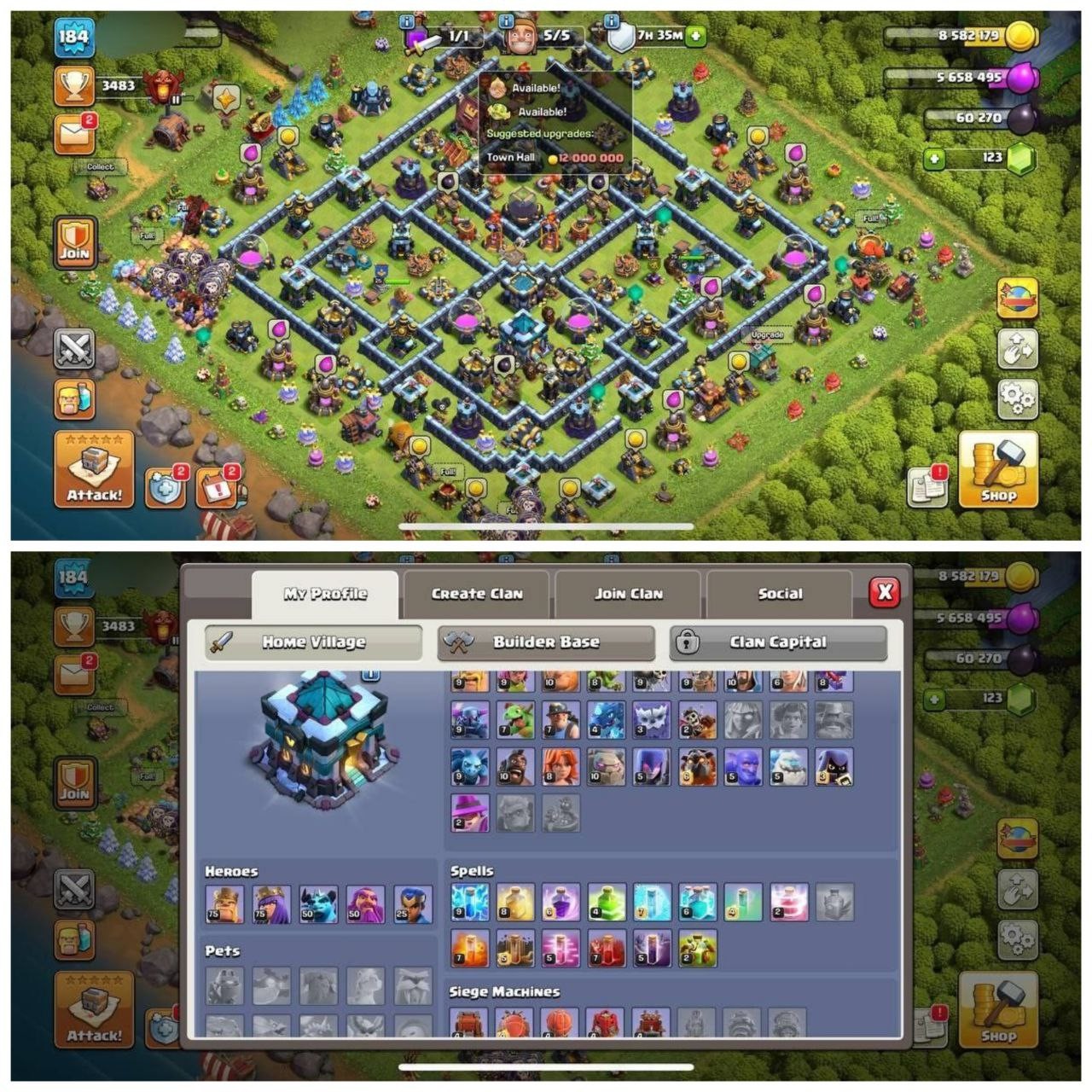 {78% DISCOUNT} TH13 PURE⚡️XP- 184⚡️HERO -75-75-50-50-25⚡️DARK BLUE WALLS⚡️HEROES SKINS⚡️NAME CHANGE 500⚡️OP LAB⚡️STRONG ACCOUNT⚡️INSTANT DELIVERY 🚚