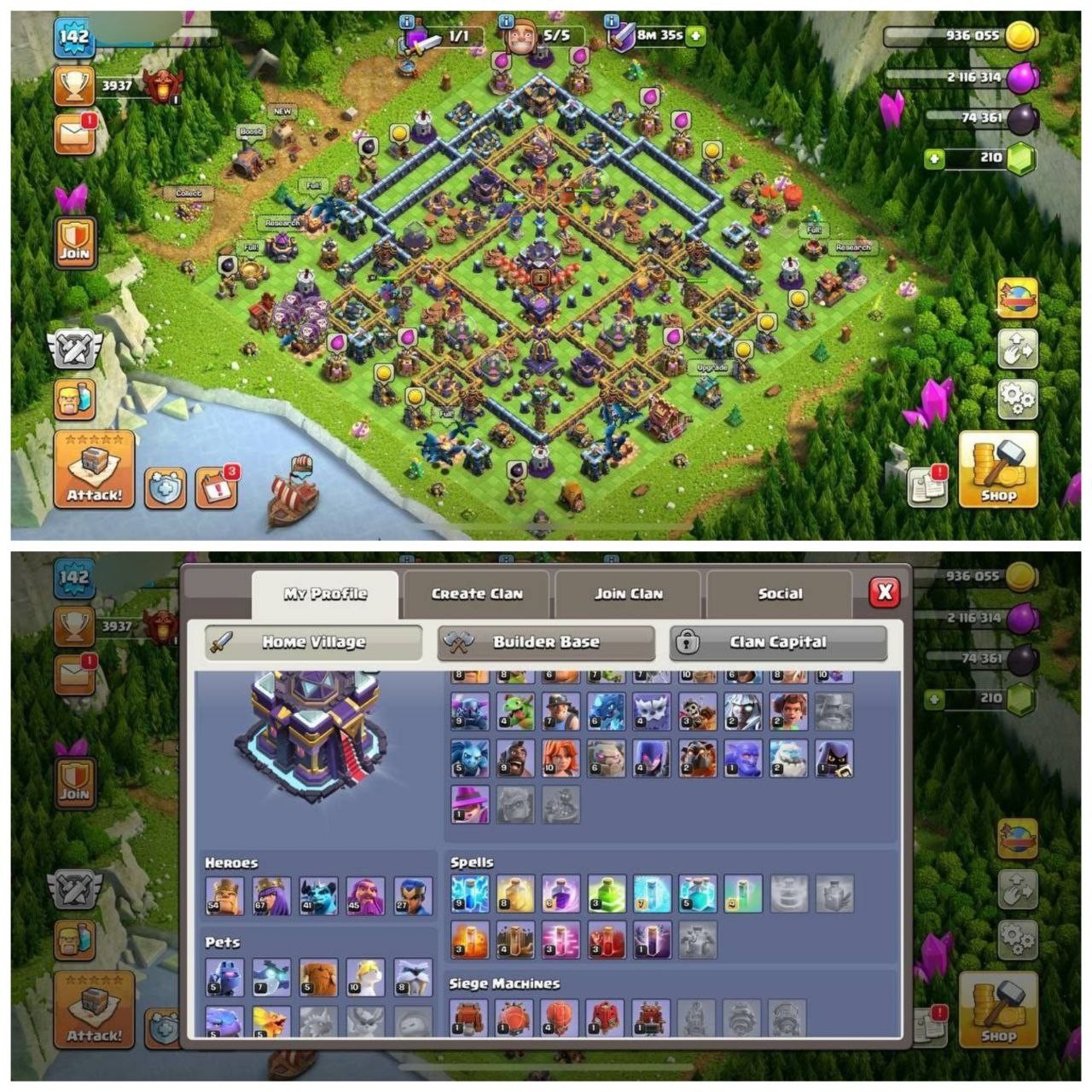 {STRONG BASE} TH16 SEMI MAX⚡️4 EPIC EQUIPMENTS⚡️XP- 142⚡️HERO 54-67-41-45-27⚡️ HOT WALLS⚡️294 CWL MEDALS⚡️OP LAB⚡️INSTANT DELIVERY 🚚
