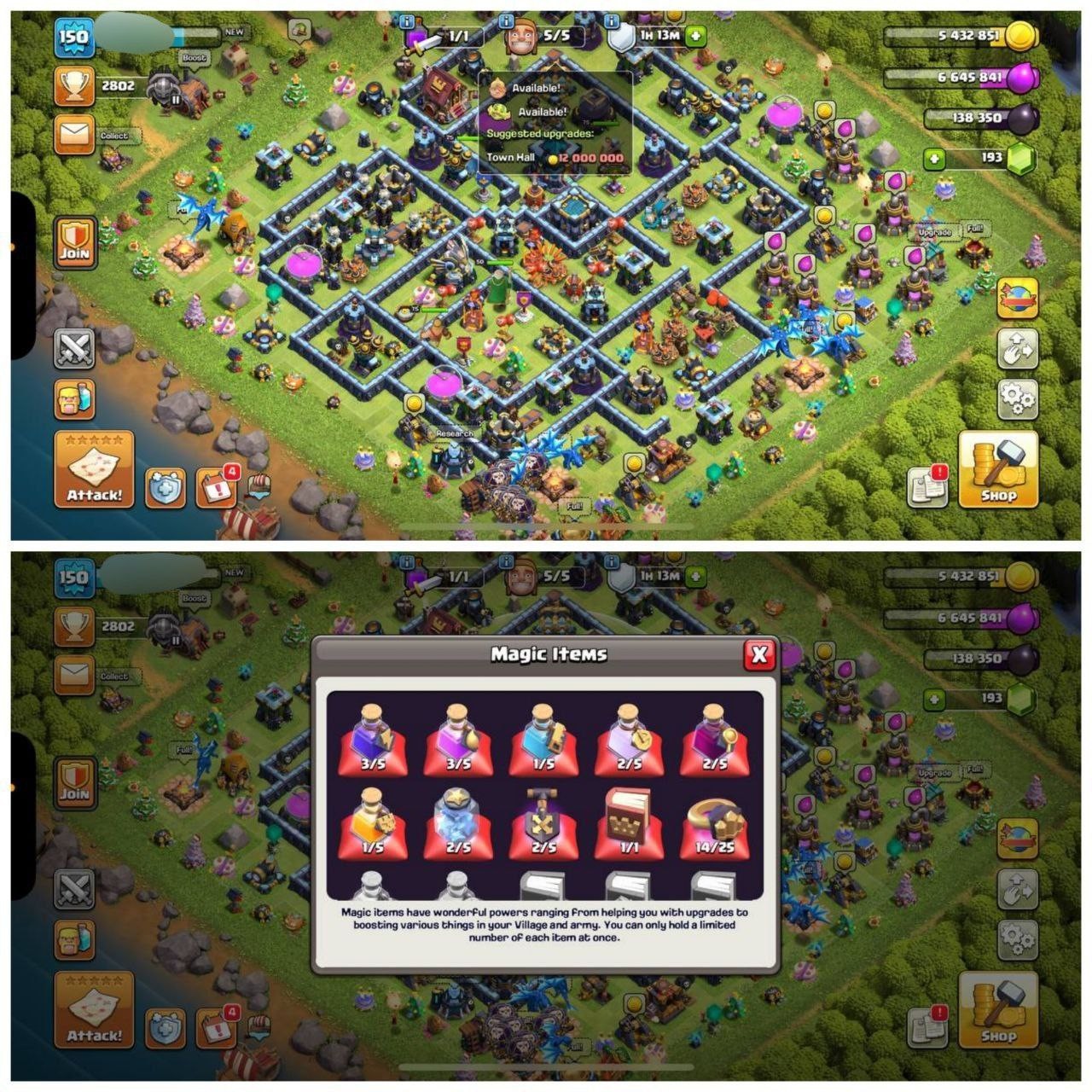 {POWERFULL ACCOUNT} TH13 PURE MAX⚡️XP- 150 ⚡️5 EPIC EQUIPMENTS⚡️HERO 75-75-50-50-25⚡️MAX WALLS ⚡️200 CWL MEDALS⚡️3 SKINS ⚡️MAGIC ITEMS ⚡️NC FREE⚡️OP LAB ⚡️INSTA