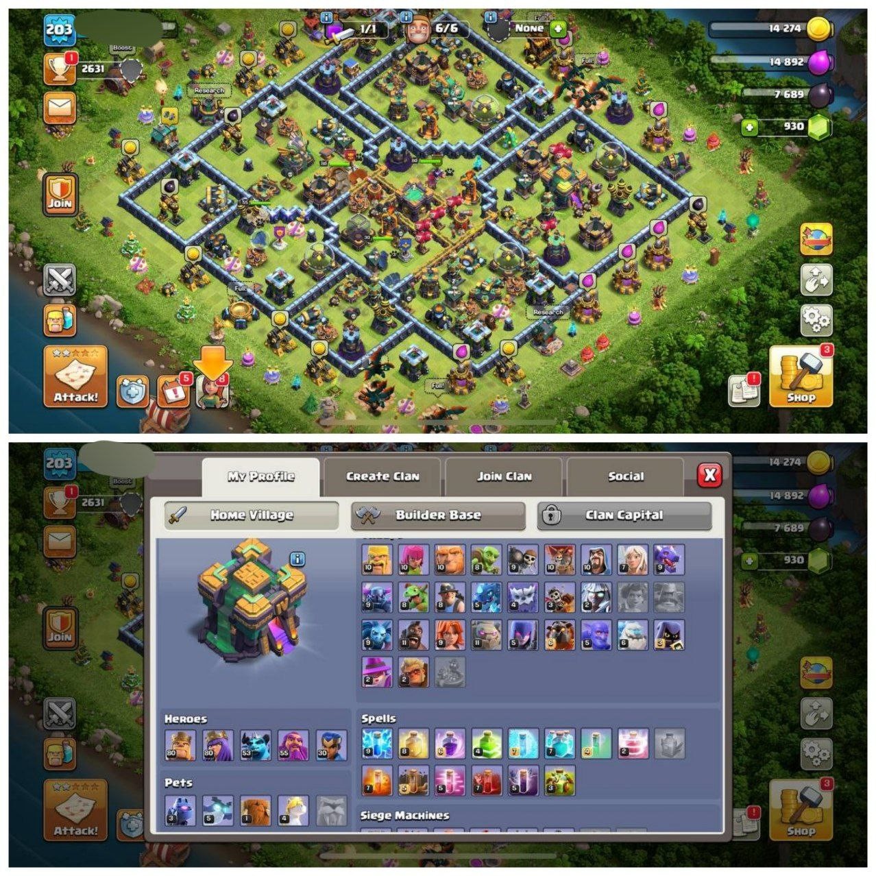 {70% DISCOUNT} TH14 SEMI MAX⚡️2 EPIC EQUIPMENTS⚡️XP-203 ⚡️HERO 80-50-53-55-30⚡️DARK BLUE WALLS⚡️552 CWL MEDALS⚡️MAGIC ITEMS⚡️OP LAB⚡️INSTANT DELIVERY 🚚