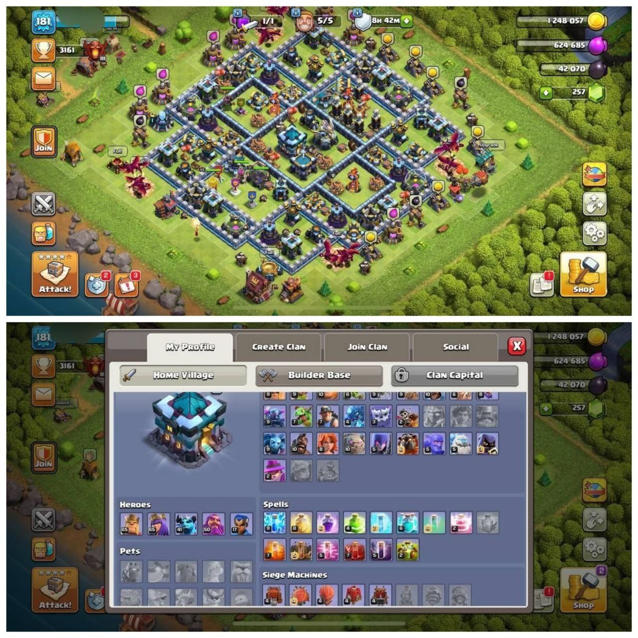 {67% DISCOUNT} TH13 SEMI MAX⚡️XP- 181⚡️HERO 65-65-41-50-17⚡️DARK BLUE WALLS⚡️DECENT EQUIPMENTS⚡️2 SKINS⚡️MAGIC ITEMS⚡️OP LAB⚡️INSTANT DELIVERY 🚚