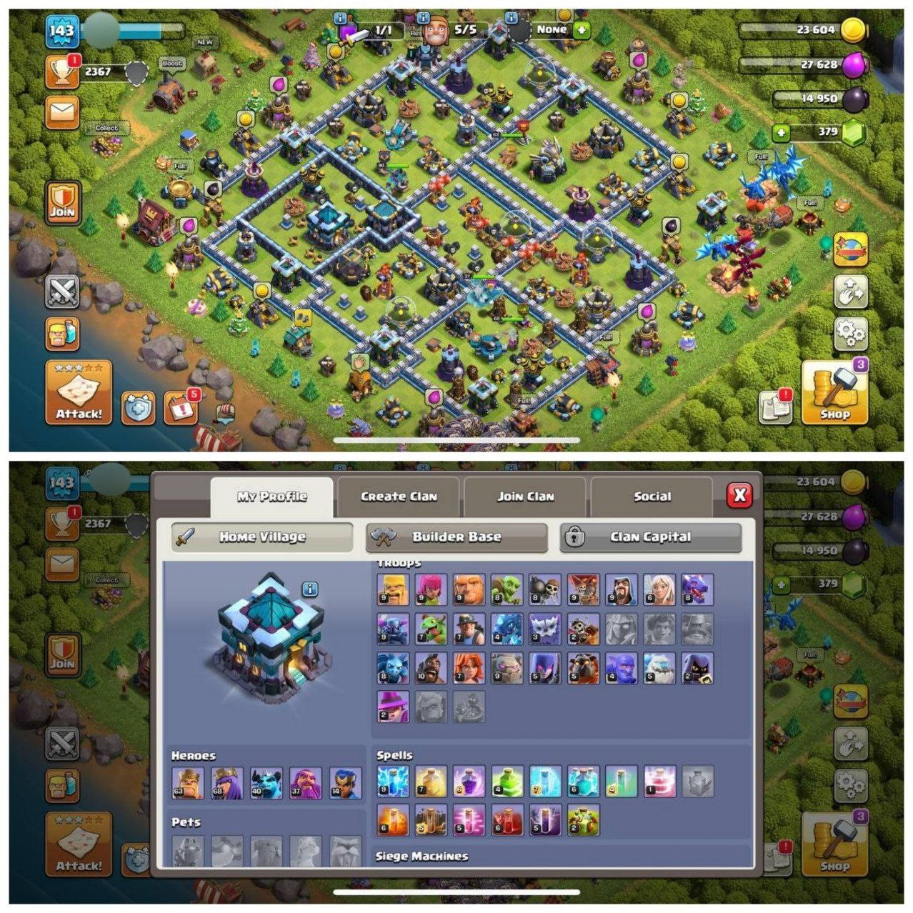 {69% DISCOUNT} TH13 NEAR MAX⚡️XP – 143 ⚡️5 EPIC EQUIPMENTS ⚡️HERO 63-68-40-37-14⚡️BLUE WALLS ⚡️379 GEMS ⚡️5 SKINS ⚡️NC FREE⚡️OP LAB⚡️INSTANT DELIVERY 🚚